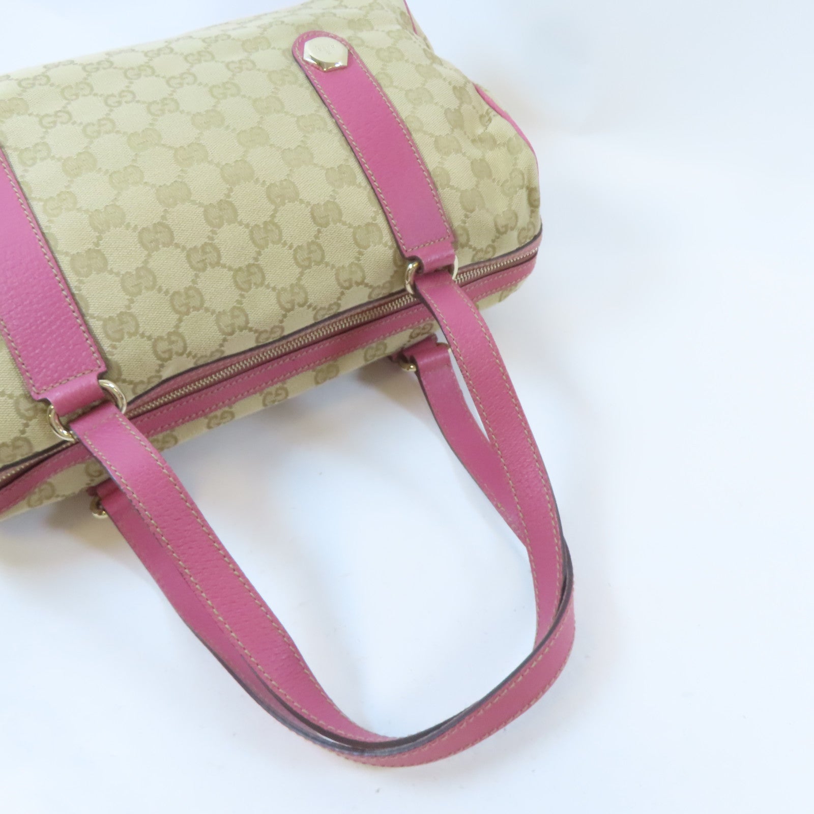 GUCCI 帆布Boston Bag金扣波士頓包棕色/粉紅色