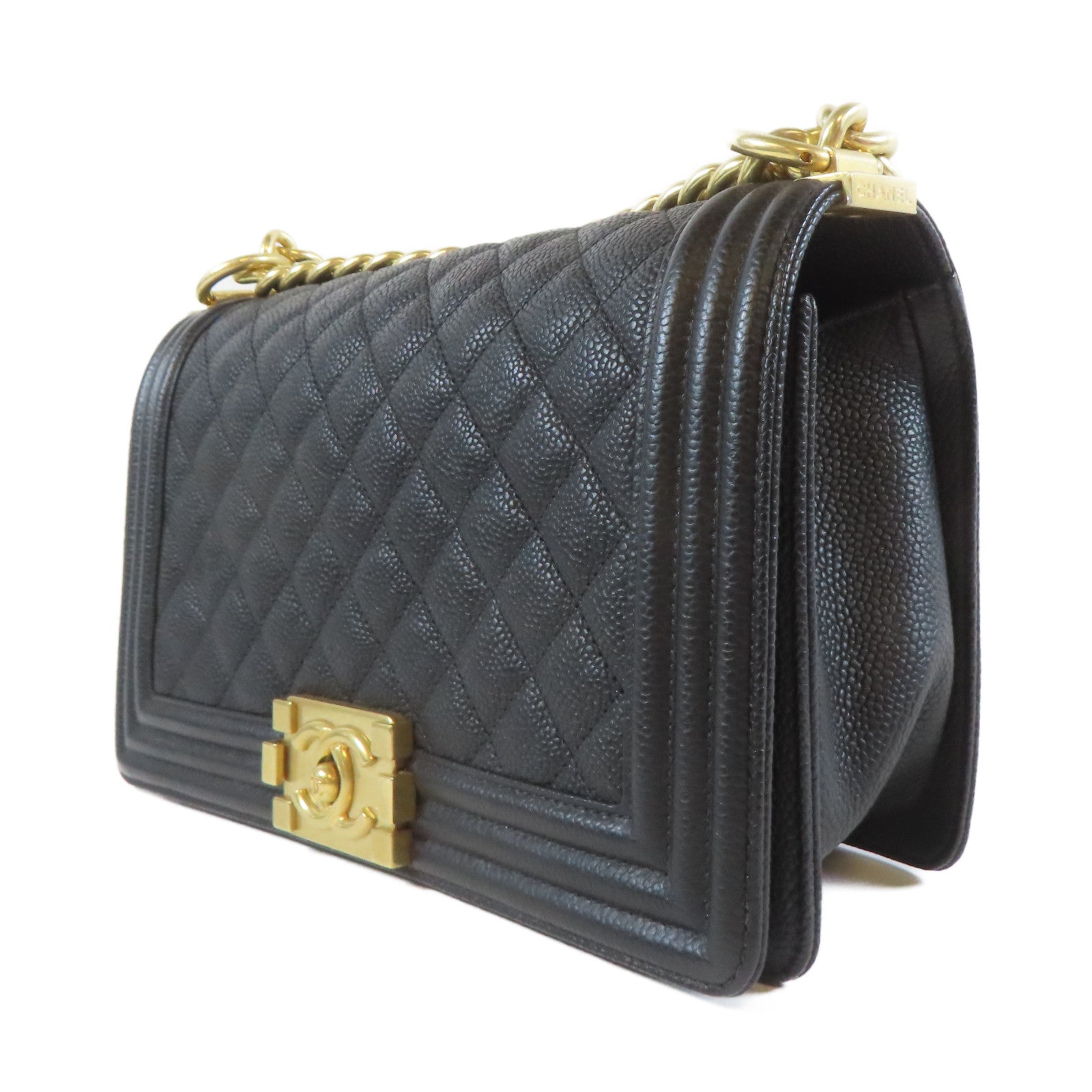 CHANEL 【激減優惠】菱格Caviar皮革Boy 25金扣鏈帶肩背袋黑色