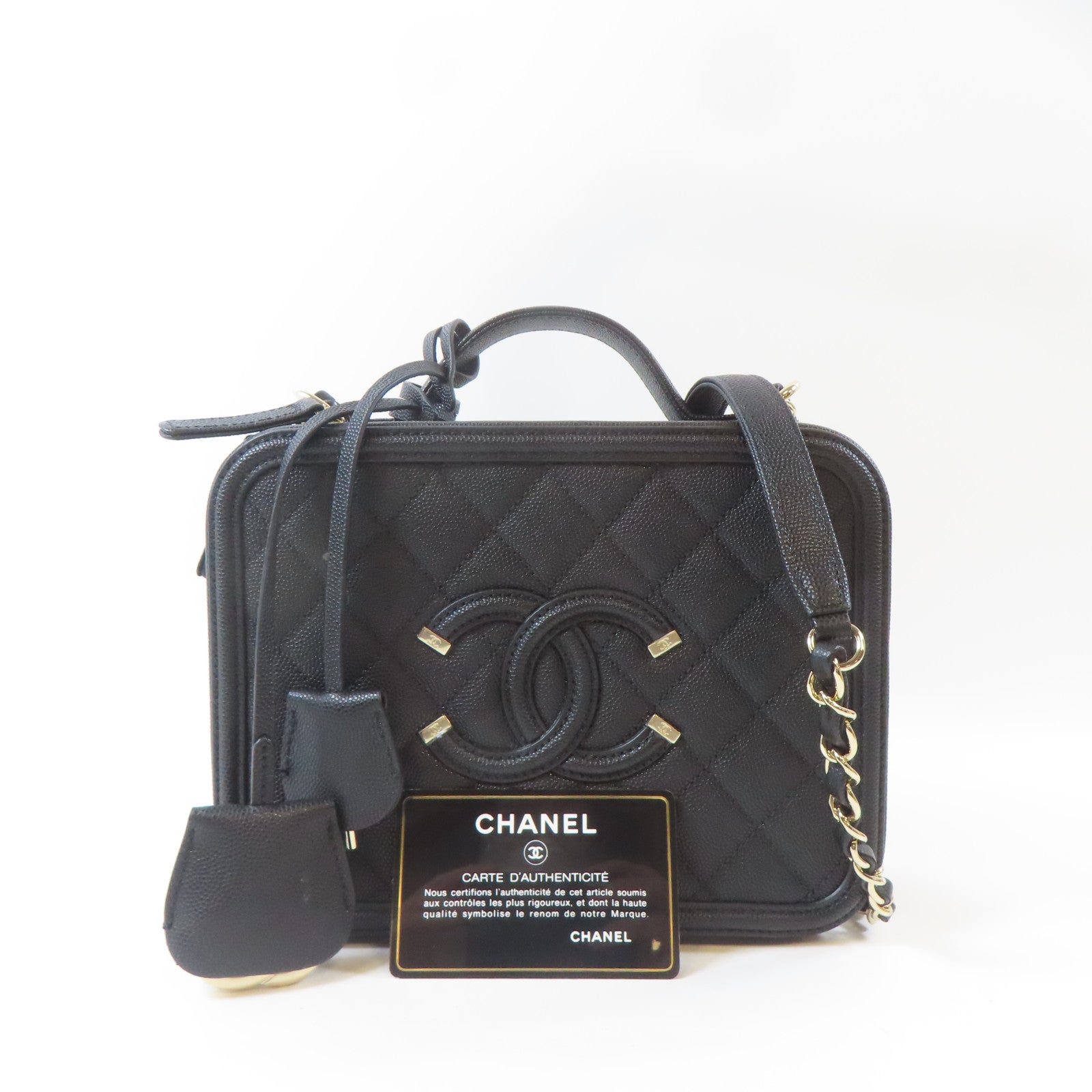 CHANEL 菱格Caviar皮革Vanity Case金扣手挽肩背兩用袋黑色