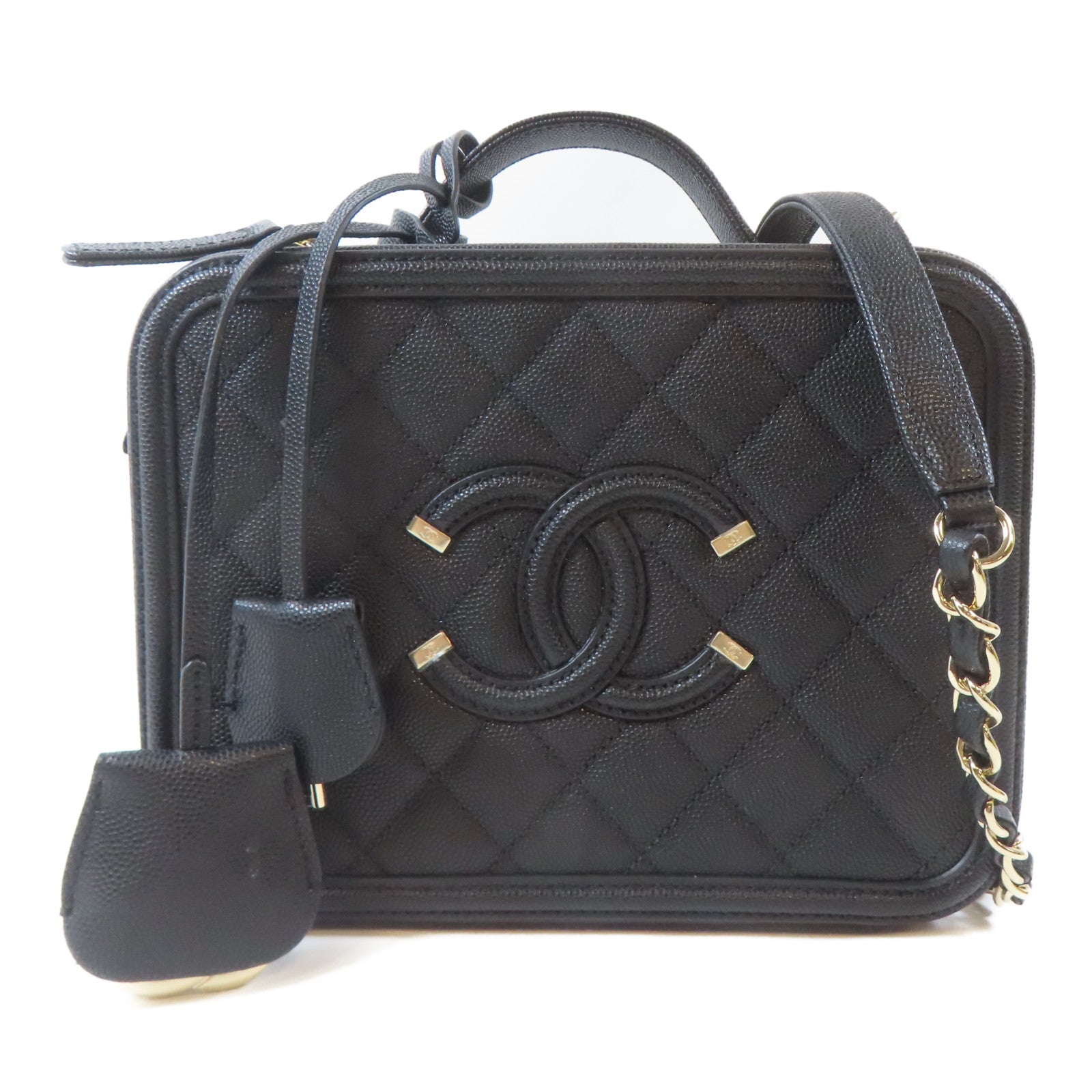 CHANEL 菱格Caviar皮革Vanity Case金扣手挽肩背兩用袋黑色