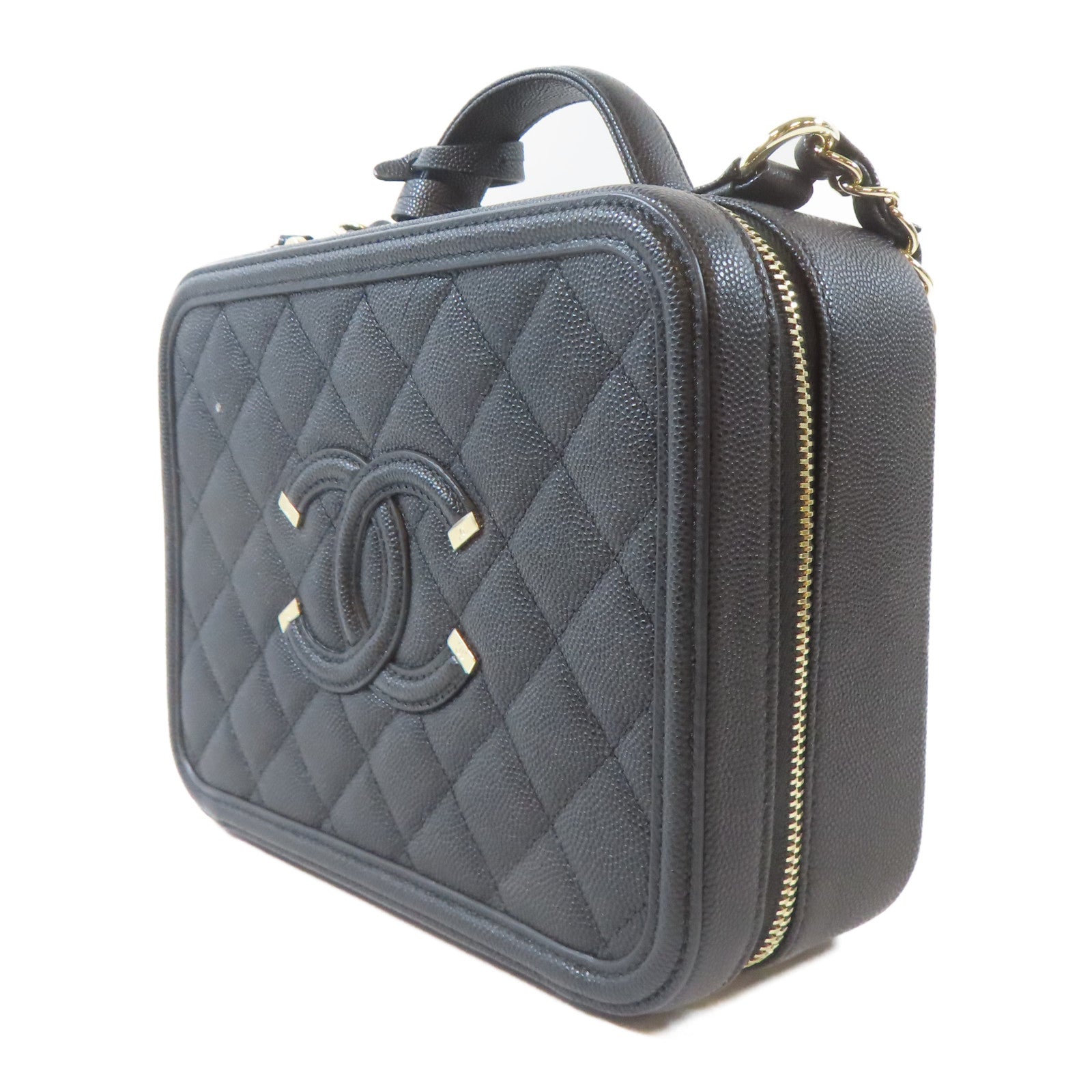 CHANEL 菱格Caviar皮革Vanity Case金扣手挽肩背兩用袋黑色