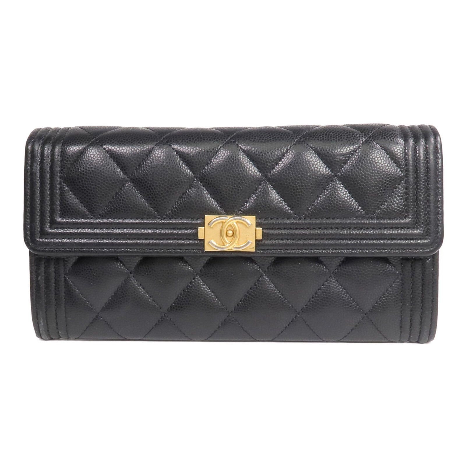 CHANEL 牛皮皮革Boy Long Wallet金扣長錢包