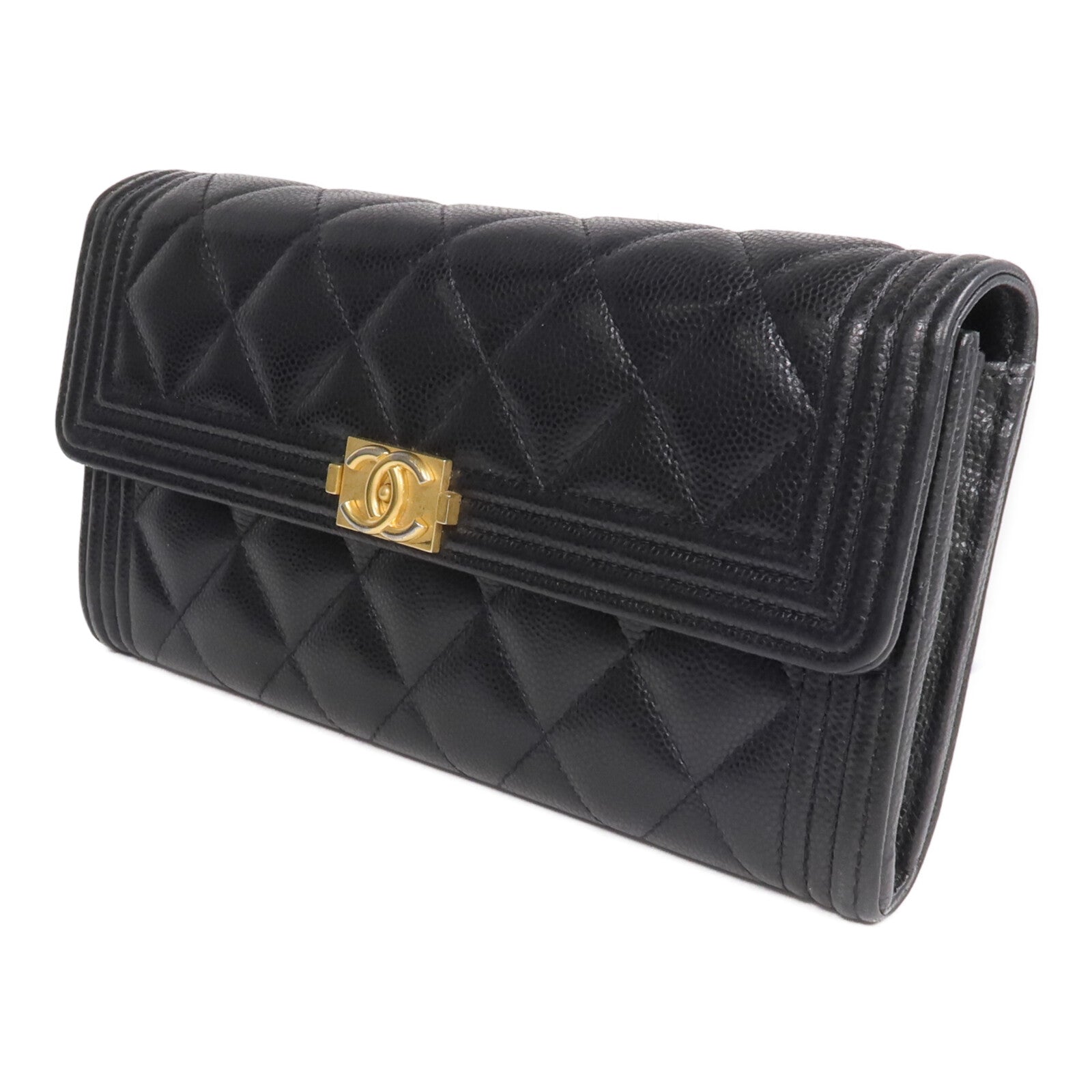 CHANEL 牛皮皮革Boy Long Wallet金扣長錢包