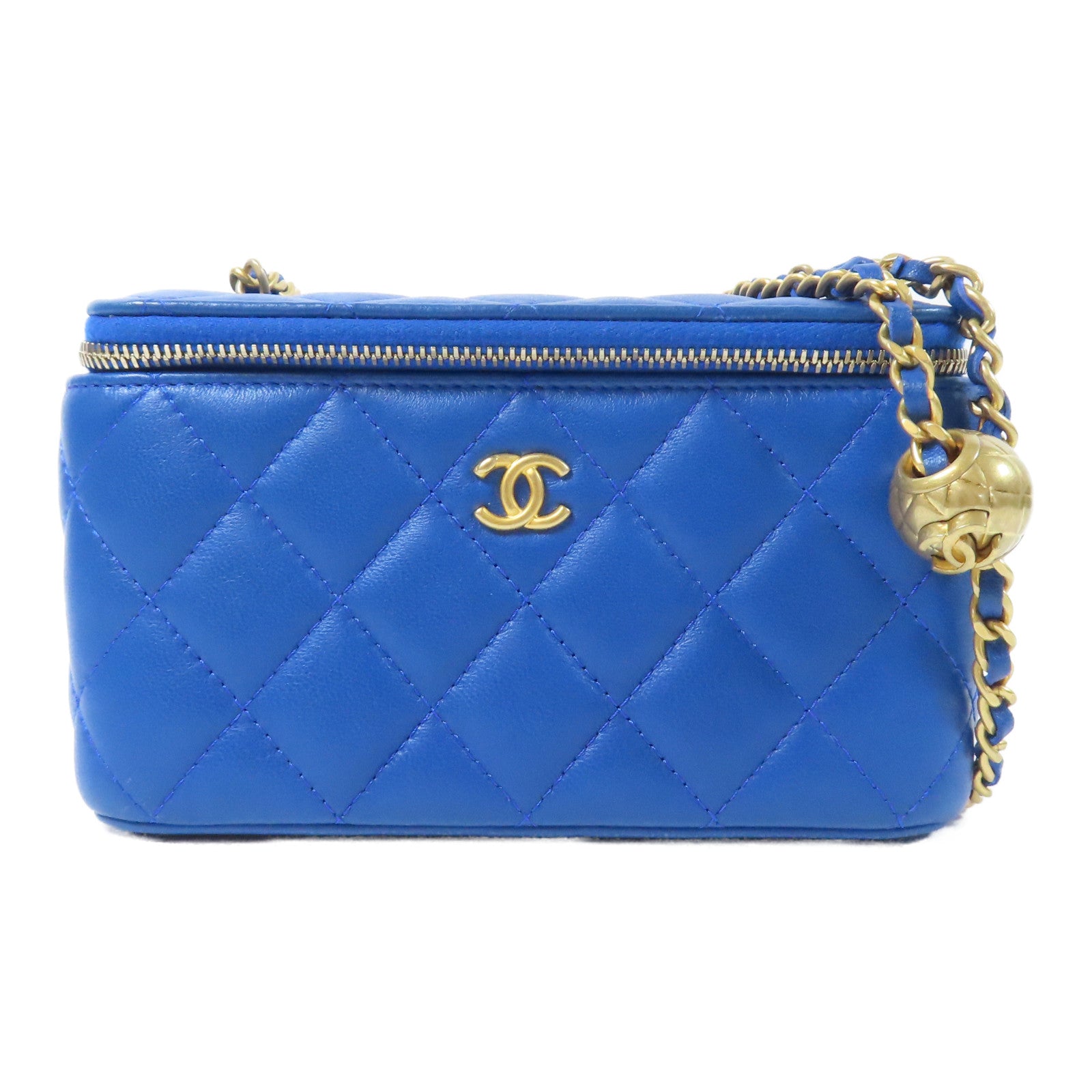 CHANEL 【激減優惠】菱格羊皮皮革Vanity Case金扣鏈帶肩背袋藍色