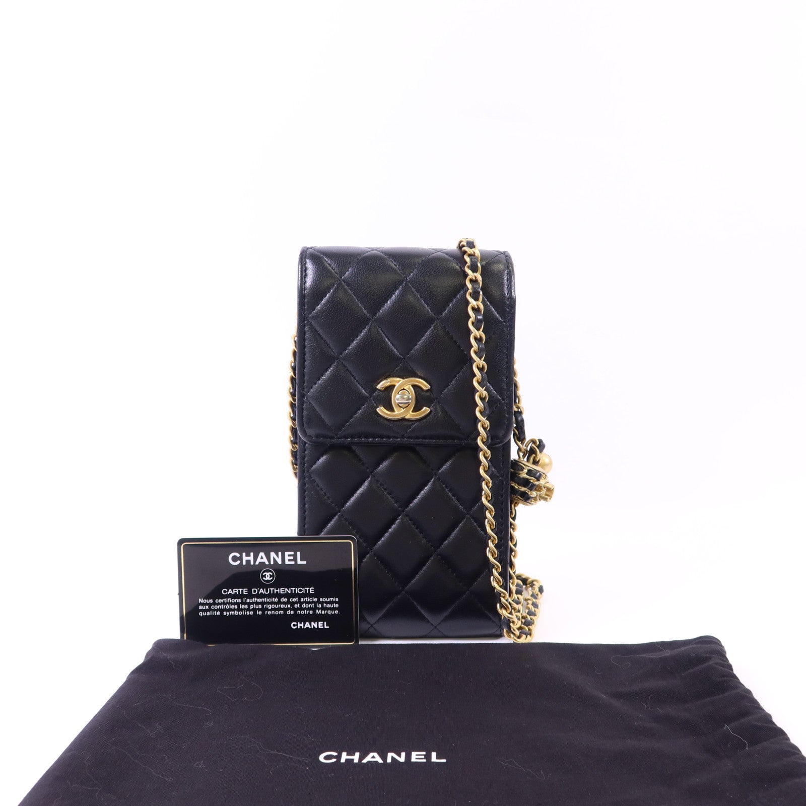 CHANEL 【激減優惠】羊皮皮革Phone Bag With Gold Ball金扣鏈帶肩背袋