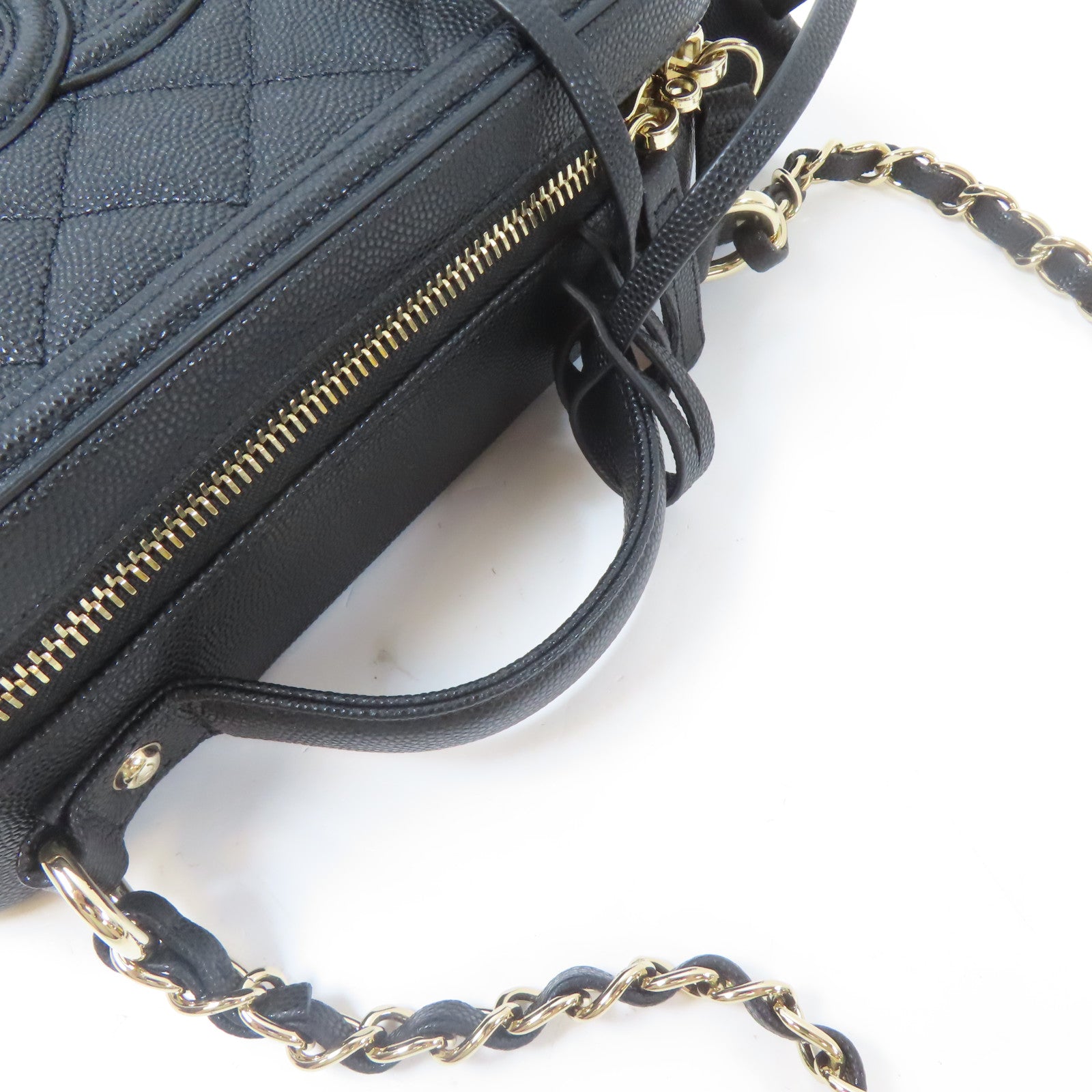 CHANEL 菱格Caviar皮革Vanity Case金扣手挽肩背兩用袋黑色