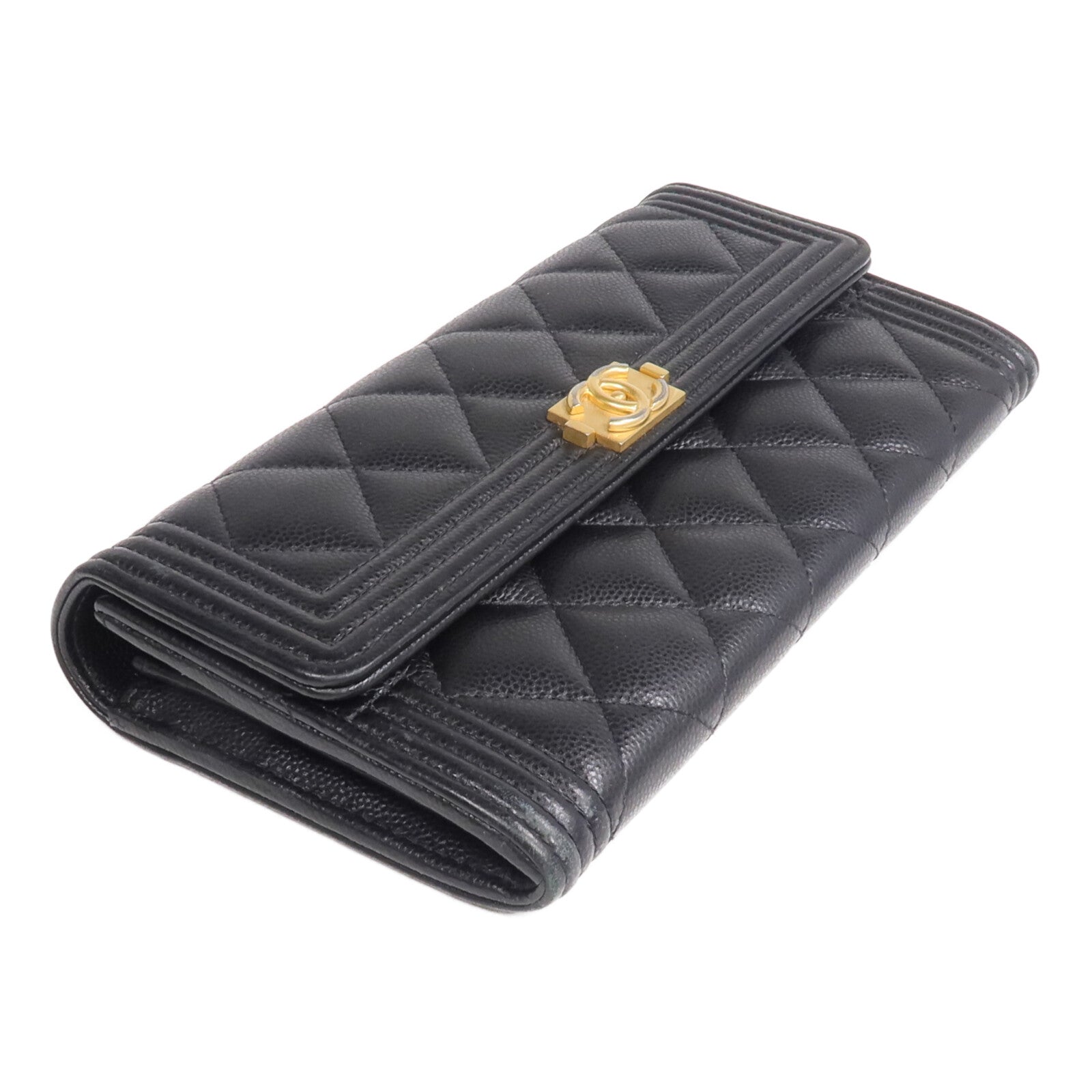 CHANEL 牛皮皮革Boy Long Wallet金扣長錢包