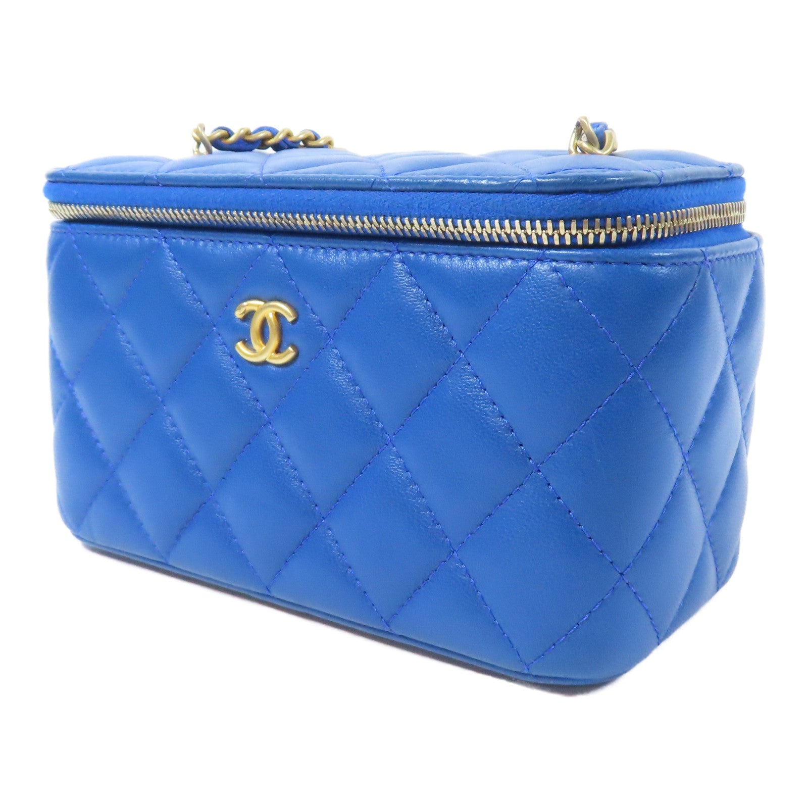 CHANEL 【激減優惠】菱格羊皮皮革Vanity Case金扣鏈帶肩背袋藍色