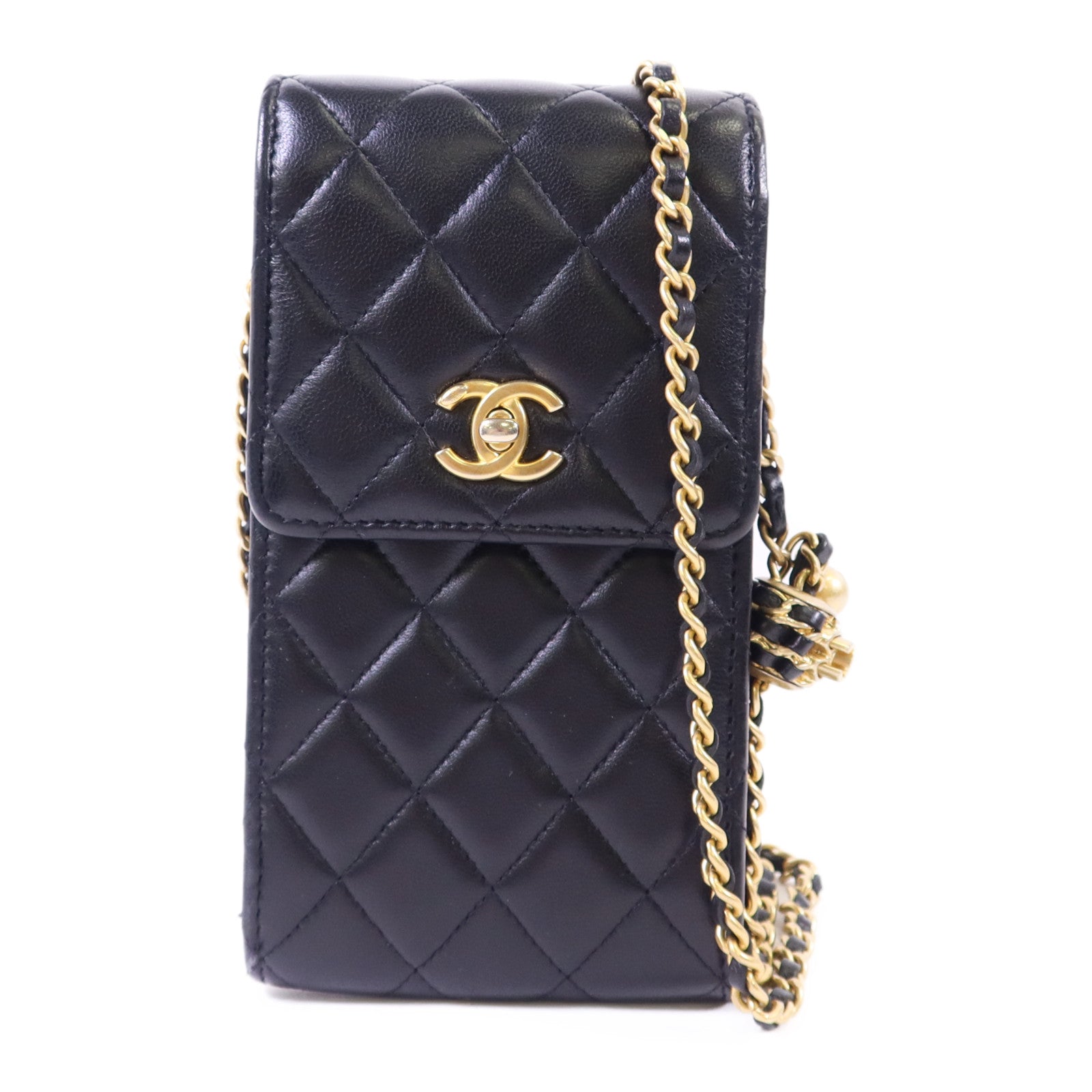 CHANEL 【激減優惠】羊皮皮革Phone Bag With Gold Ball金扣鏈帶肩背袋