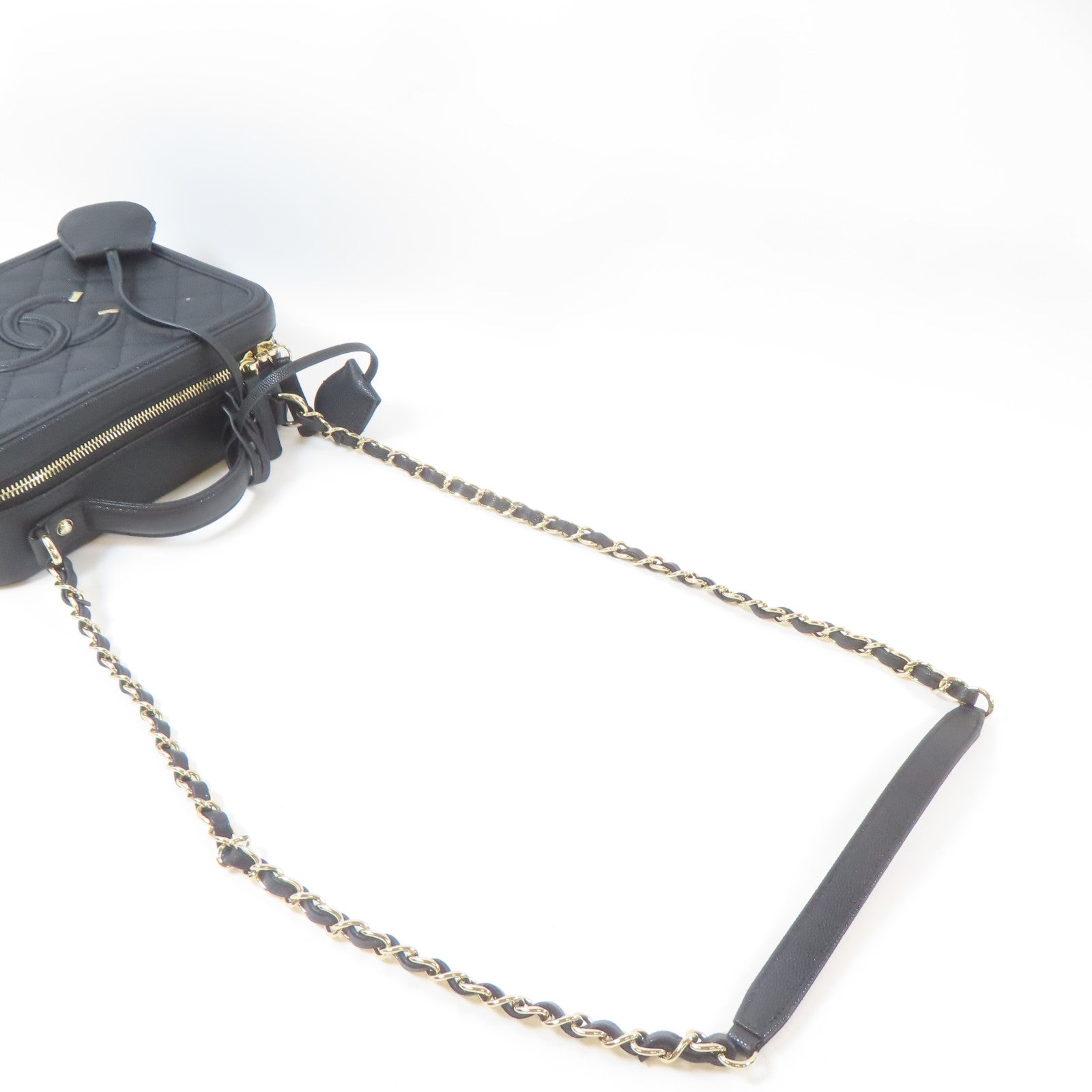 CHANEL 菱格Caviar皮革Vanity Case金扣手挽肩背兩用袋黑色