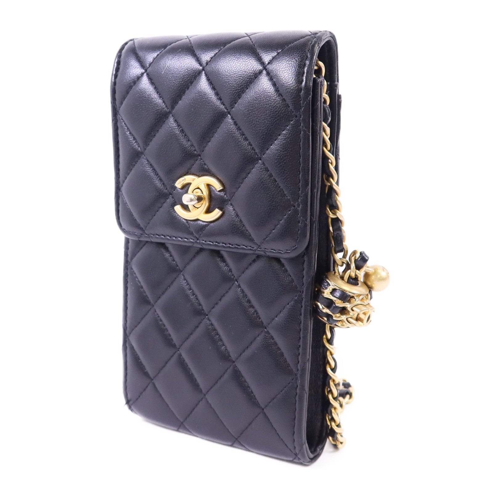 CHANEL 【激減優惠】羊皮皮革Phone Bag With Gold Ball金扣鏈帶肩背袋