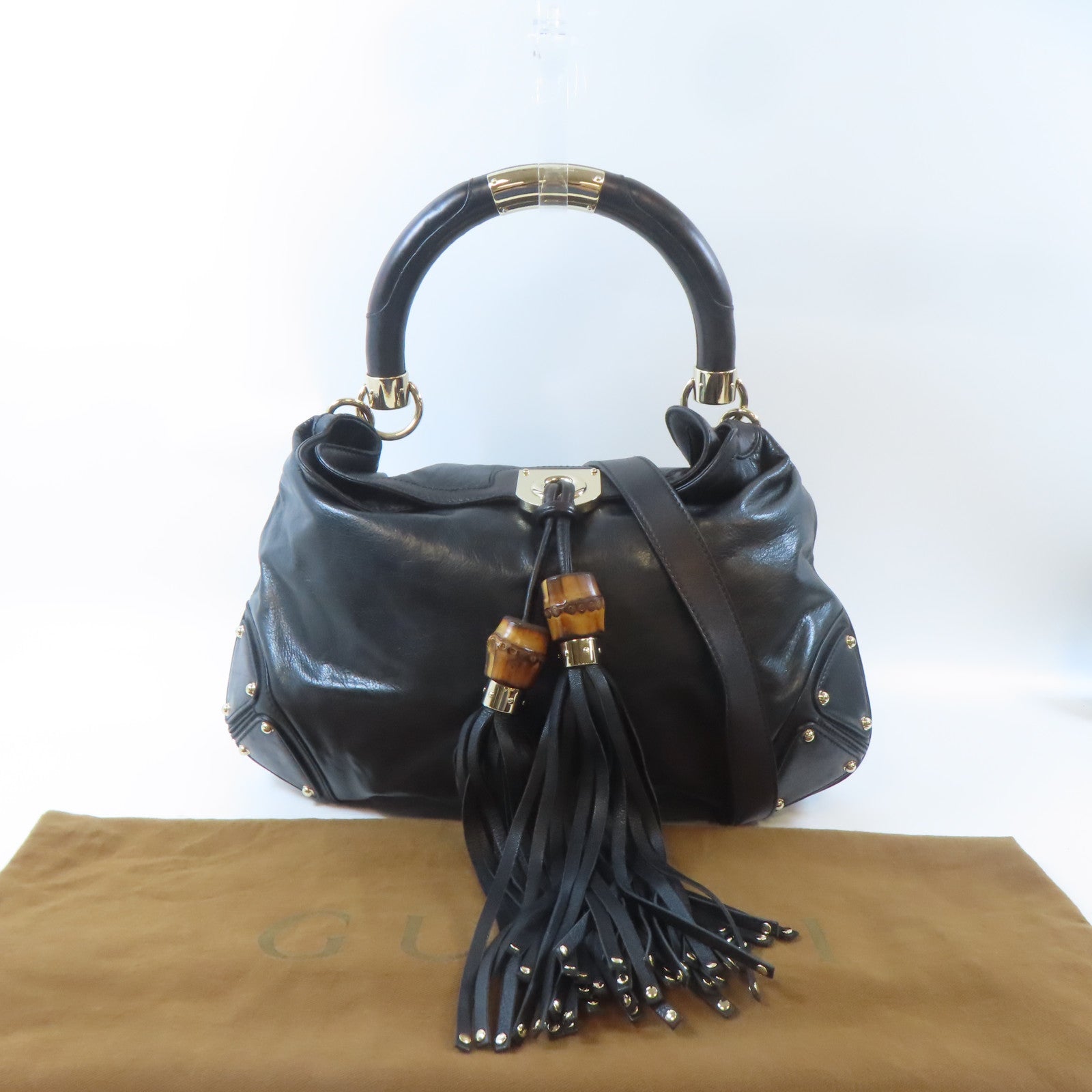 GUCCI 牛皮皮革Indy Babouska金扣手挽肩背兩用袋黑色