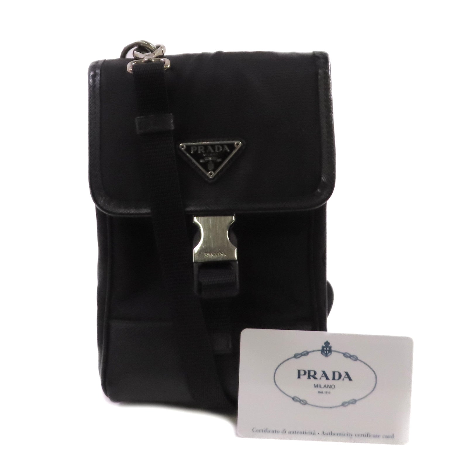 PRADA 尼龍/Saffiano皮革Smartphone Shoulder Case銀扣肩背袋黑色