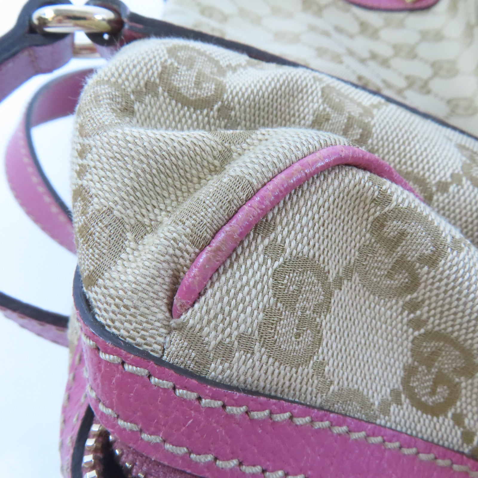 GUCCI 帆布Boston Bag金扣波士頓包棕色/粉紅色