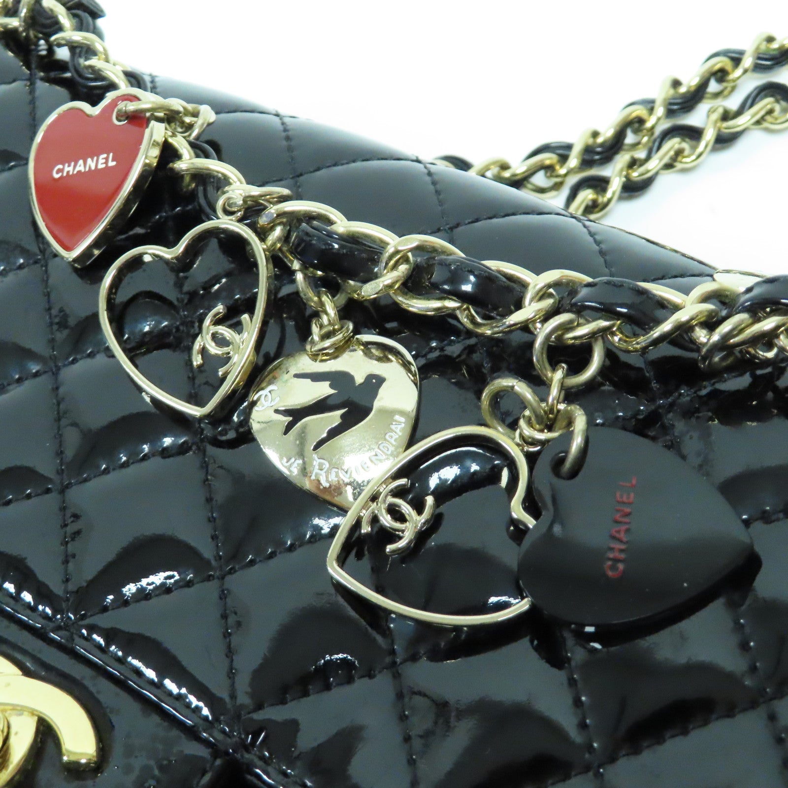CHANEL 菱格漆皮皮革Valentine Chain Shoulder Bag金扣鏈帶肩背袋黑色