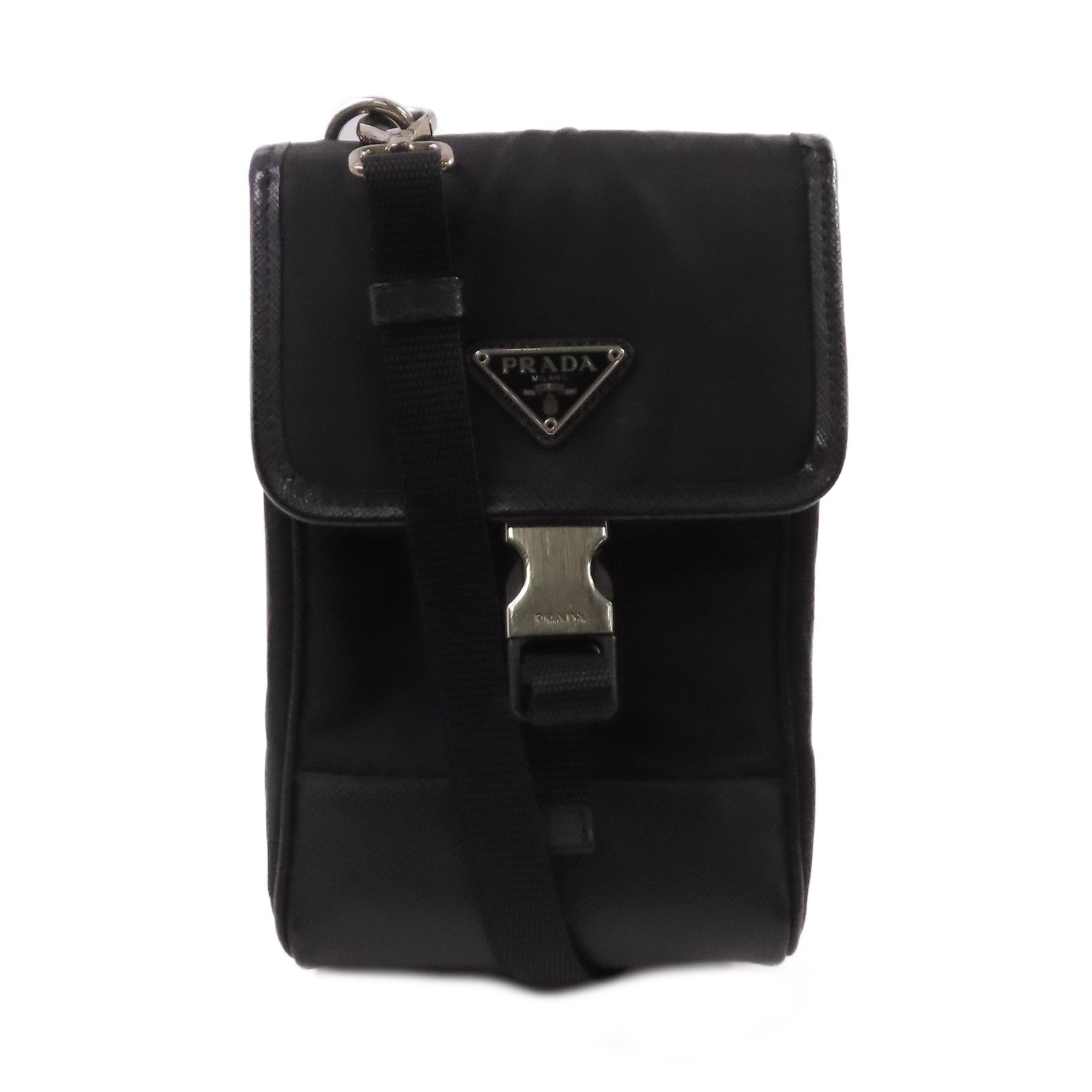 PRADA 尼龍/Saffiano皮革Smartphone Shoulder Case銀扣肩背袋黑色