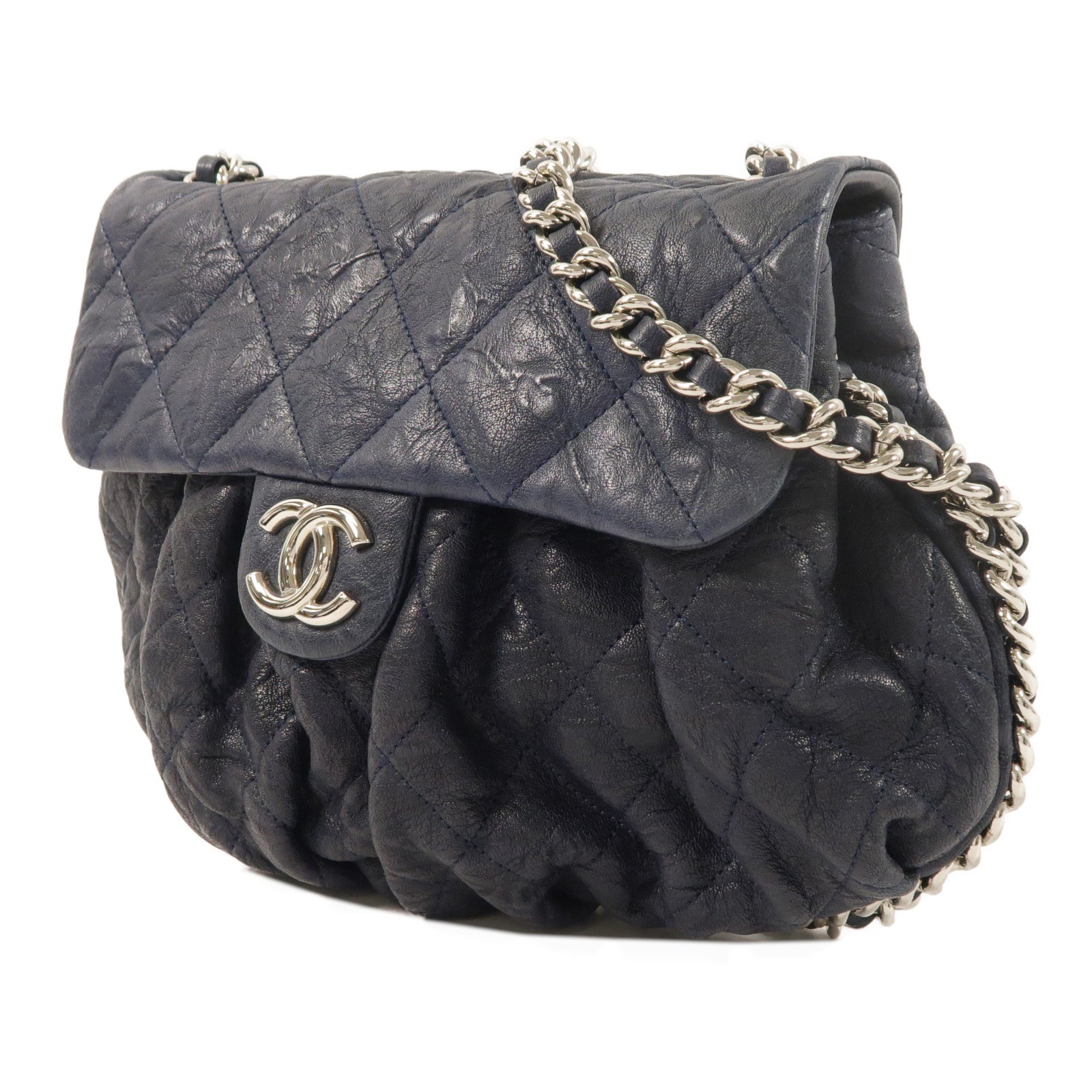 CHANEL 牛皮皮革Chain Shoulder銀扣鏈帶肩背袋