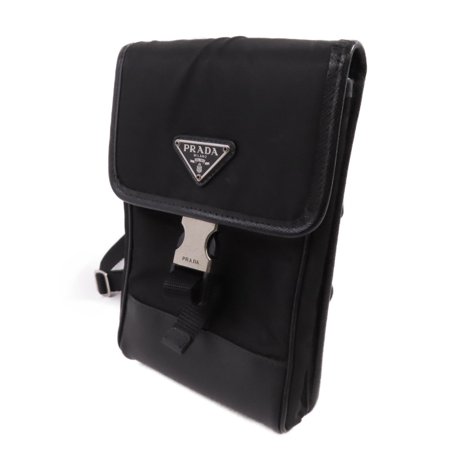 PRADA 尼龍/Saffiano皮革Smartphone Shoulder Case銀扣肩背袋黑色