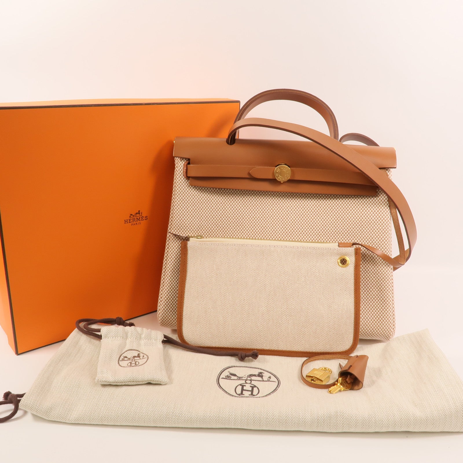 HERMES 帆布Herbag PM金扣手挽肩背兩用袋