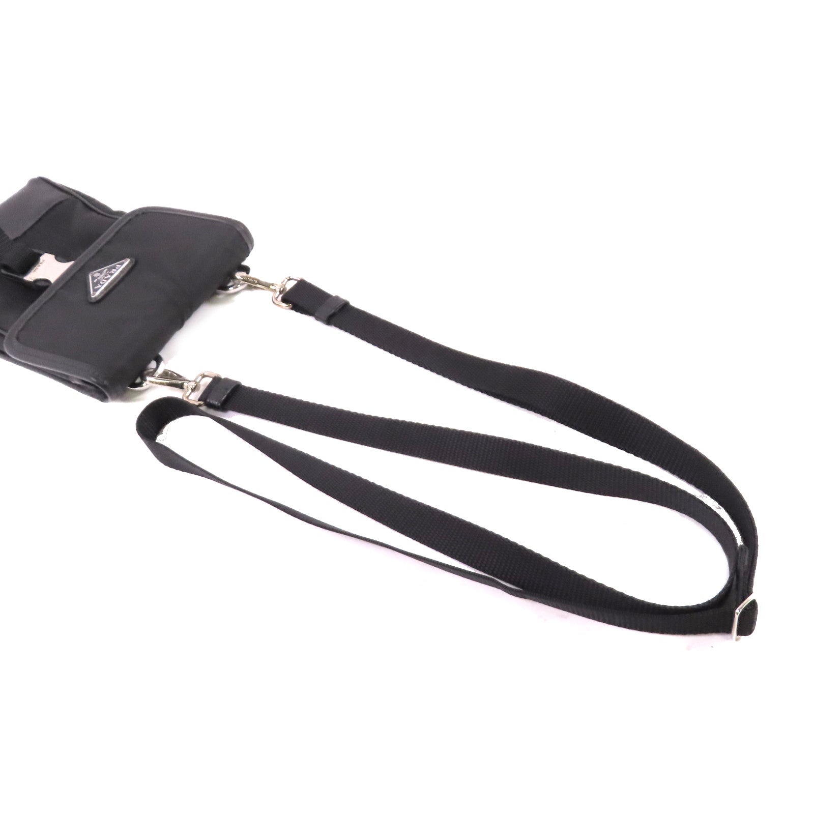 PRADA 尼龍/Saffiano皮革Smartphone Shoulder Case銀扣肩背袋黑色