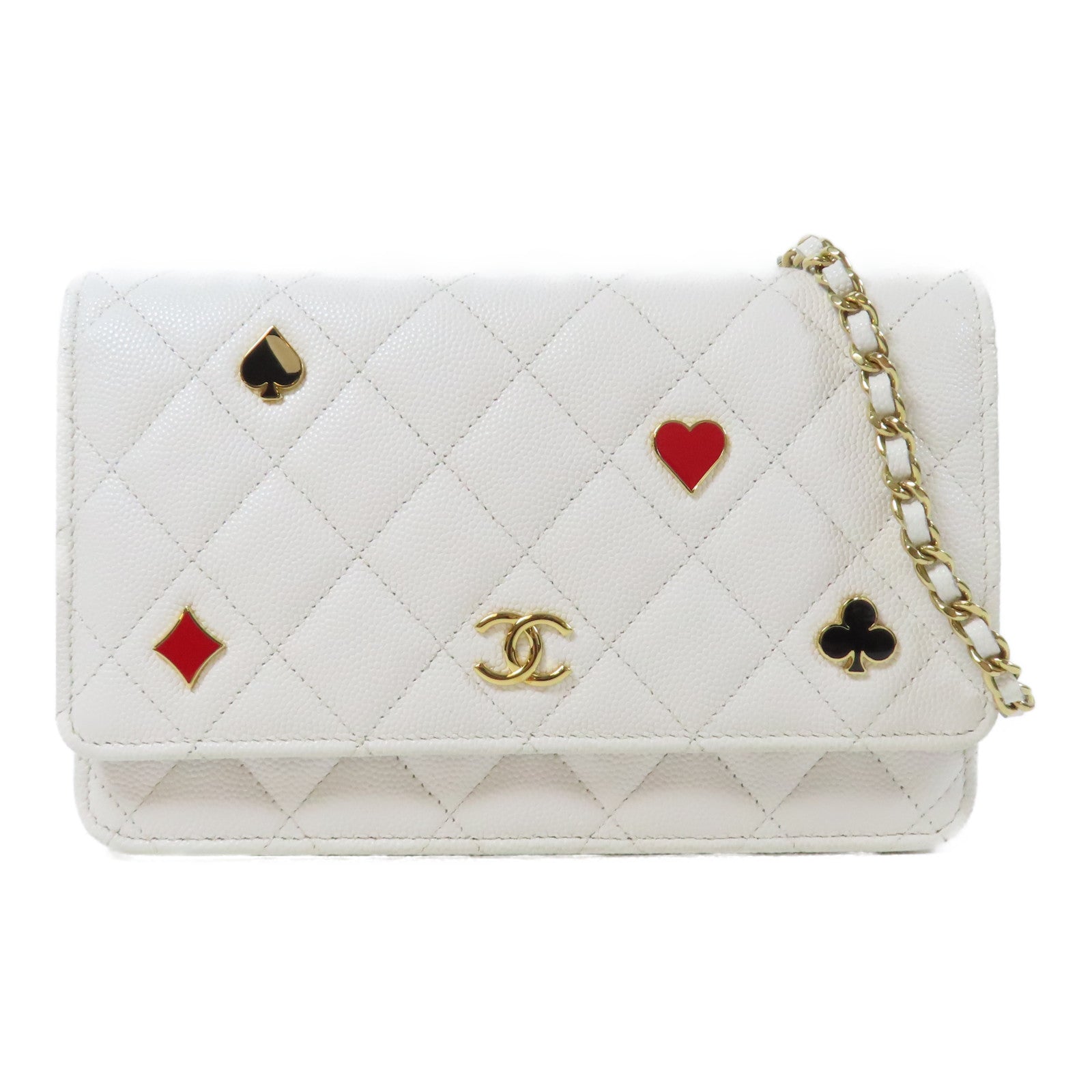 CHANEL 【激減優惠】菱格Caviar皮革Wallet On Chain金扣鏈帶肩背袋白色
