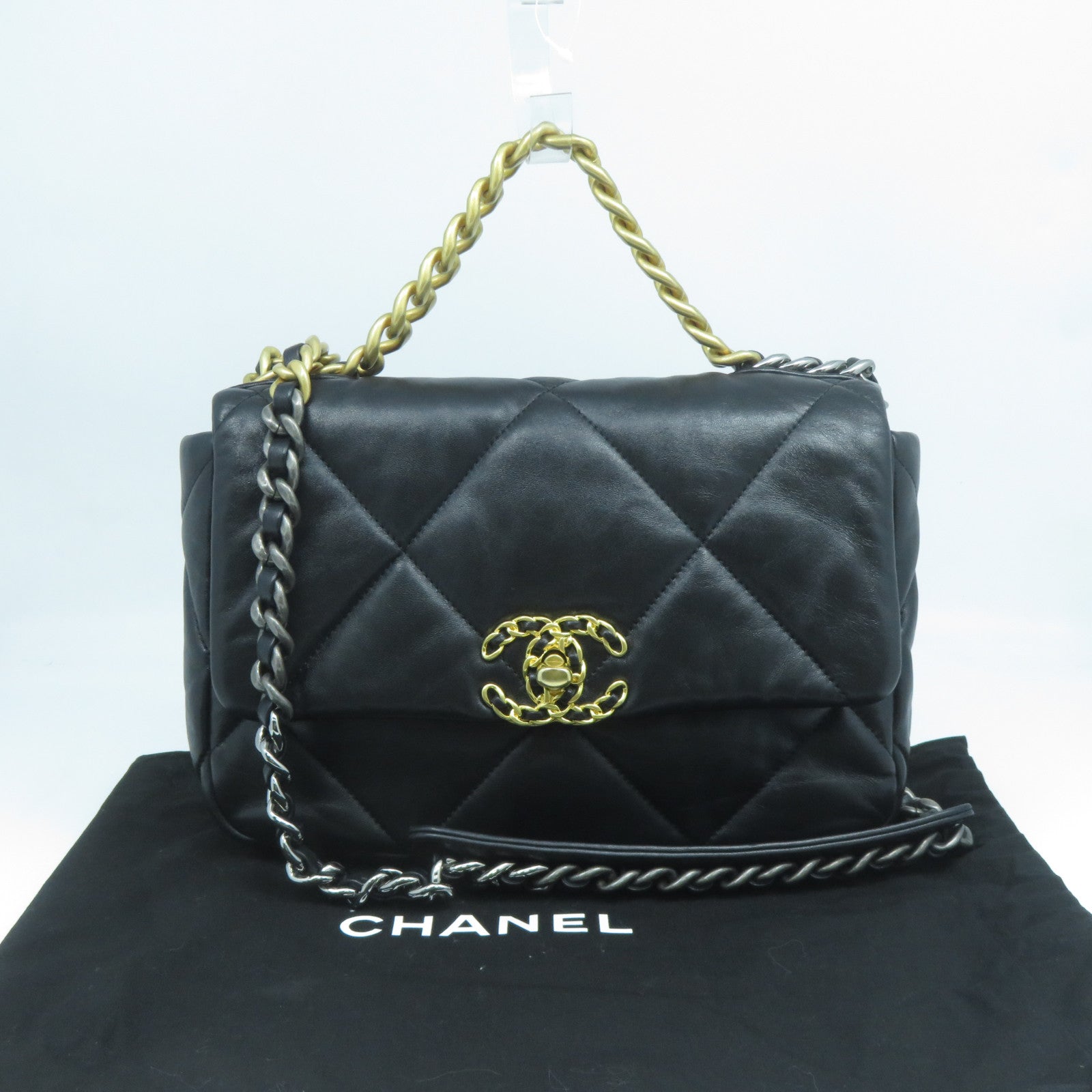 CHANEL 【激減優惠】菱格羊皮皮革Chanel 19金扣手挽肩背兩用袋黑色