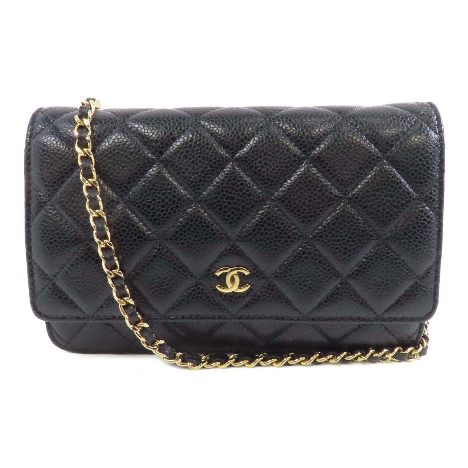 CHANEL 菱格牛皮皮革Wallet On Chain金扣鏈帶肩背袋黑色