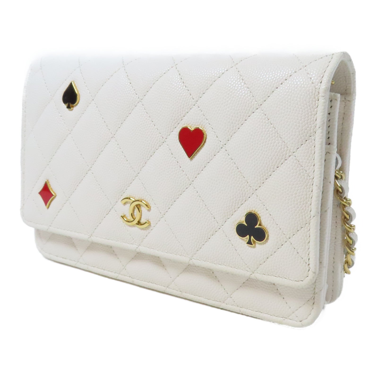 CHANEL 【激減優惠】菱格Caviar皮革Wallet On Chain金扣鏈帶肩背袋白色