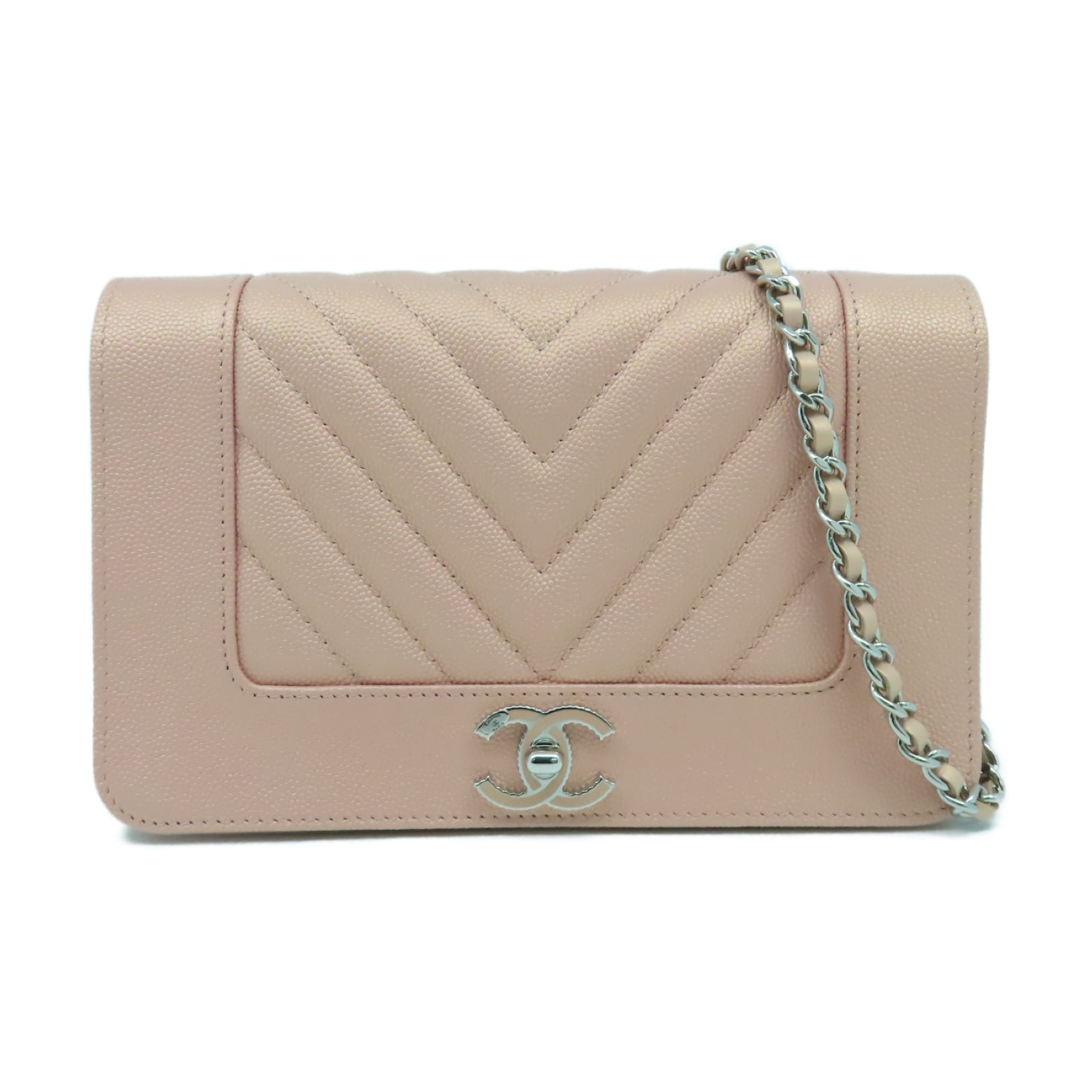 CHANEL 【激減優惠】斜紋牛皮皮革Boy Wallet On Chain銀扣鏈帶肩背袋粉紅色
