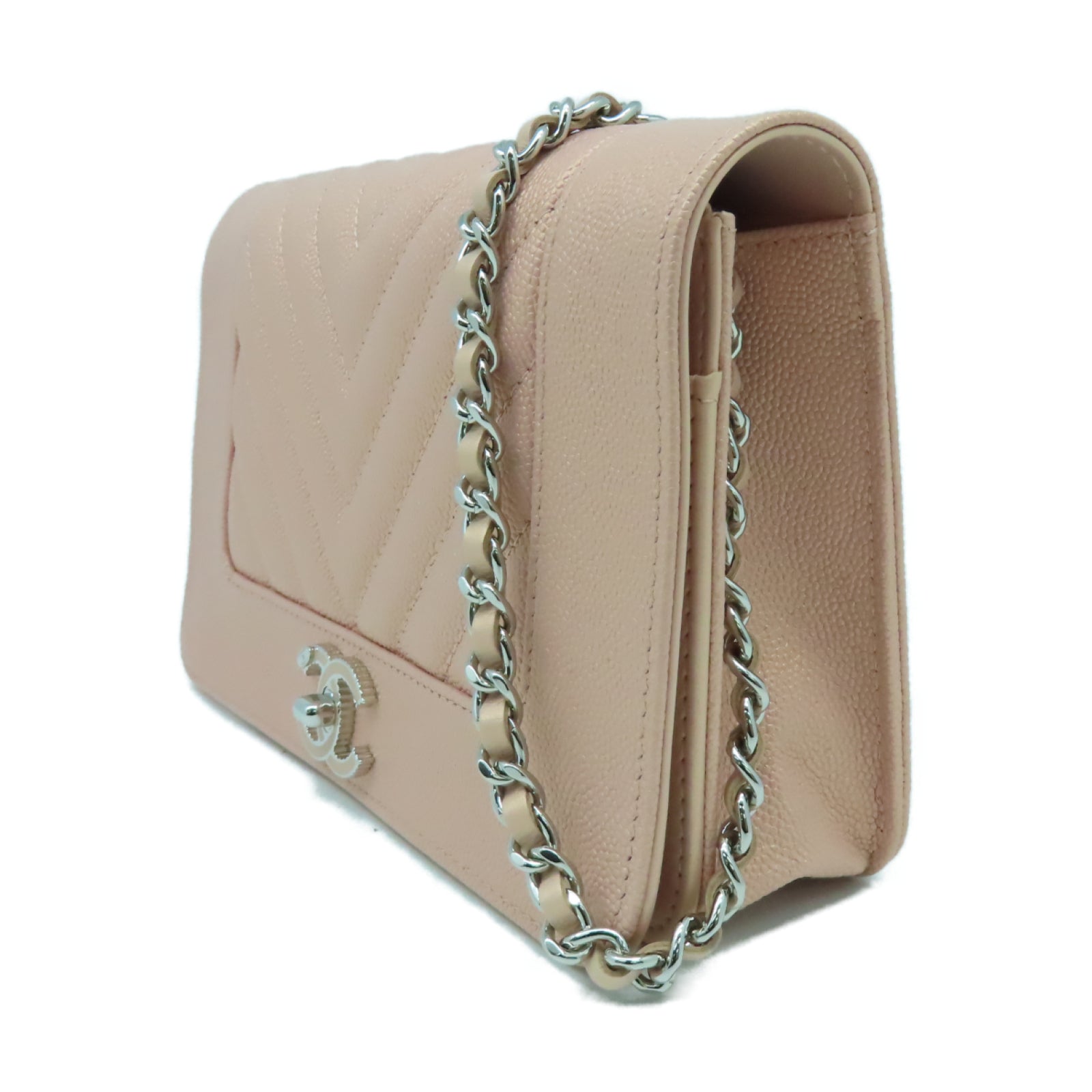 CHANEL 【激減優惠】斜紋牛皮皮革Boy Wallet On Chain銀扣鏈帶肩背袋粉紅色