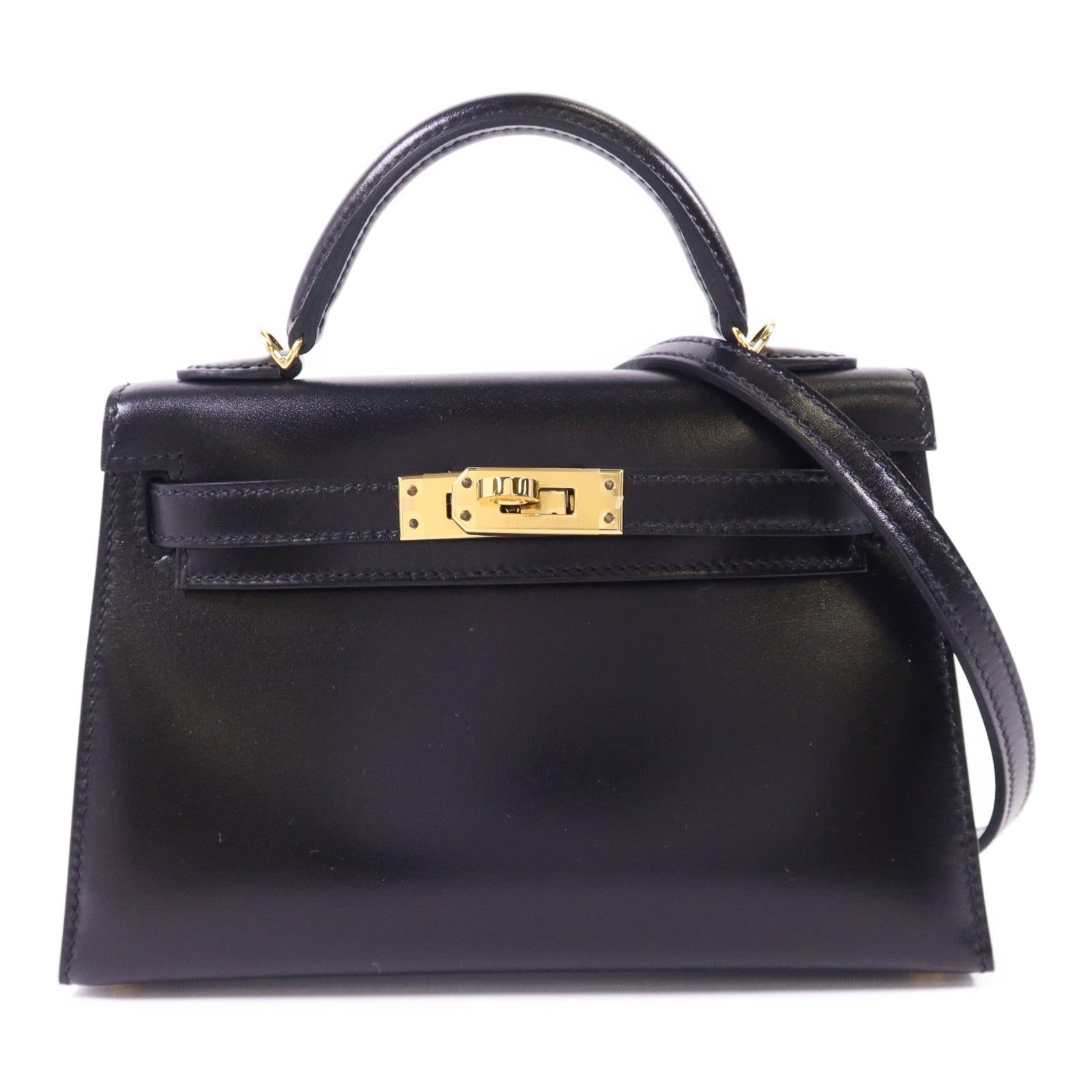 HERMES Box Calf皮革Mini Kelly金扣手挽肩背兩用袋Noir