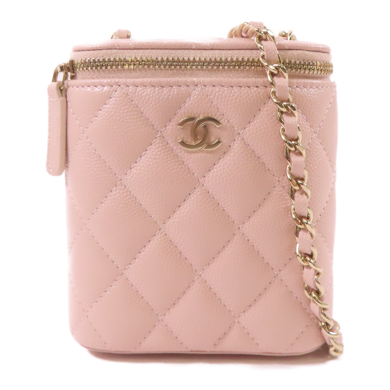 CHANEL 牛皮皮革Vanity Case金扣鏈帶肩背袋粉紅色