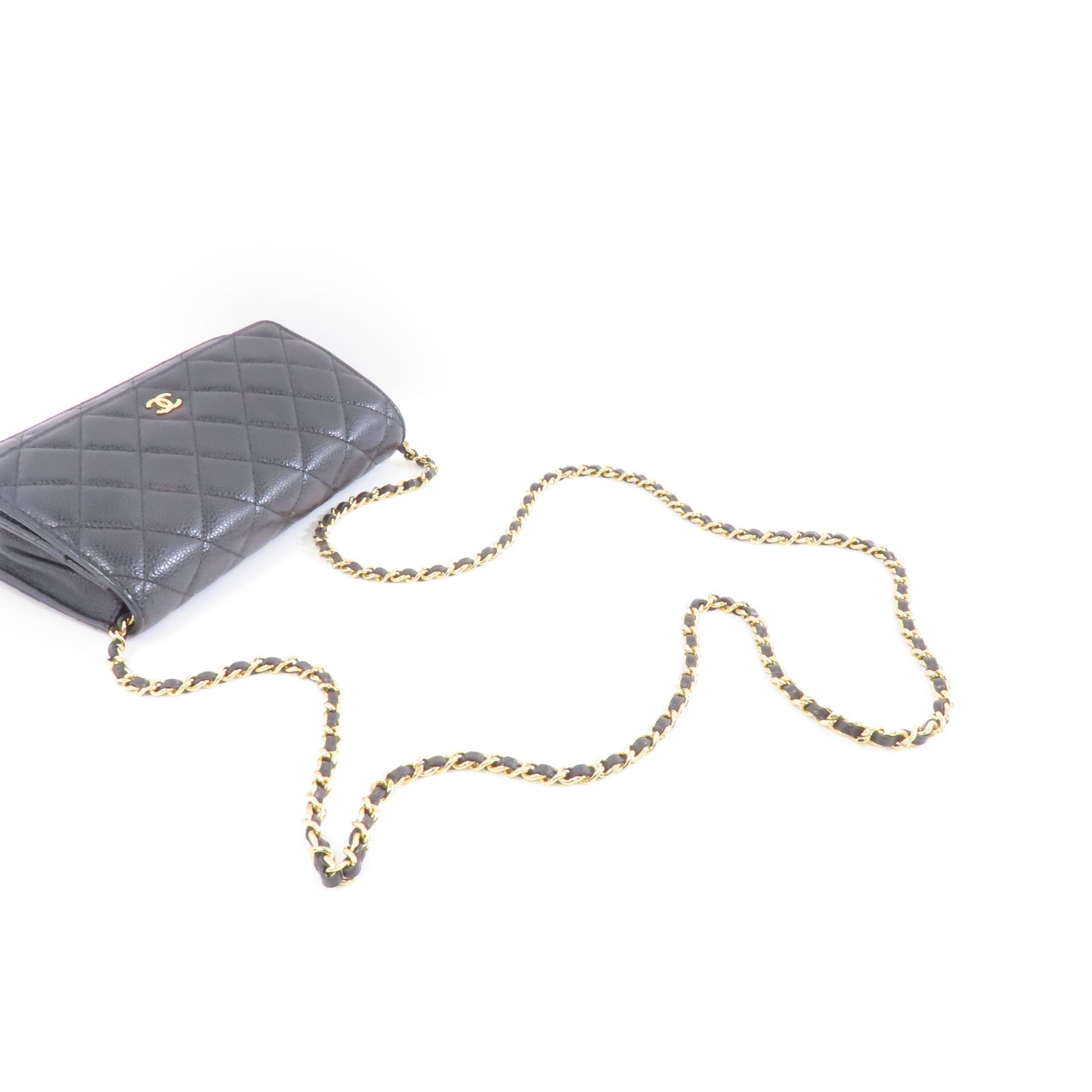 CHANEL 菱格牛皮皮革Wallet On Chain金扣鏈帶肩背袋黑色
