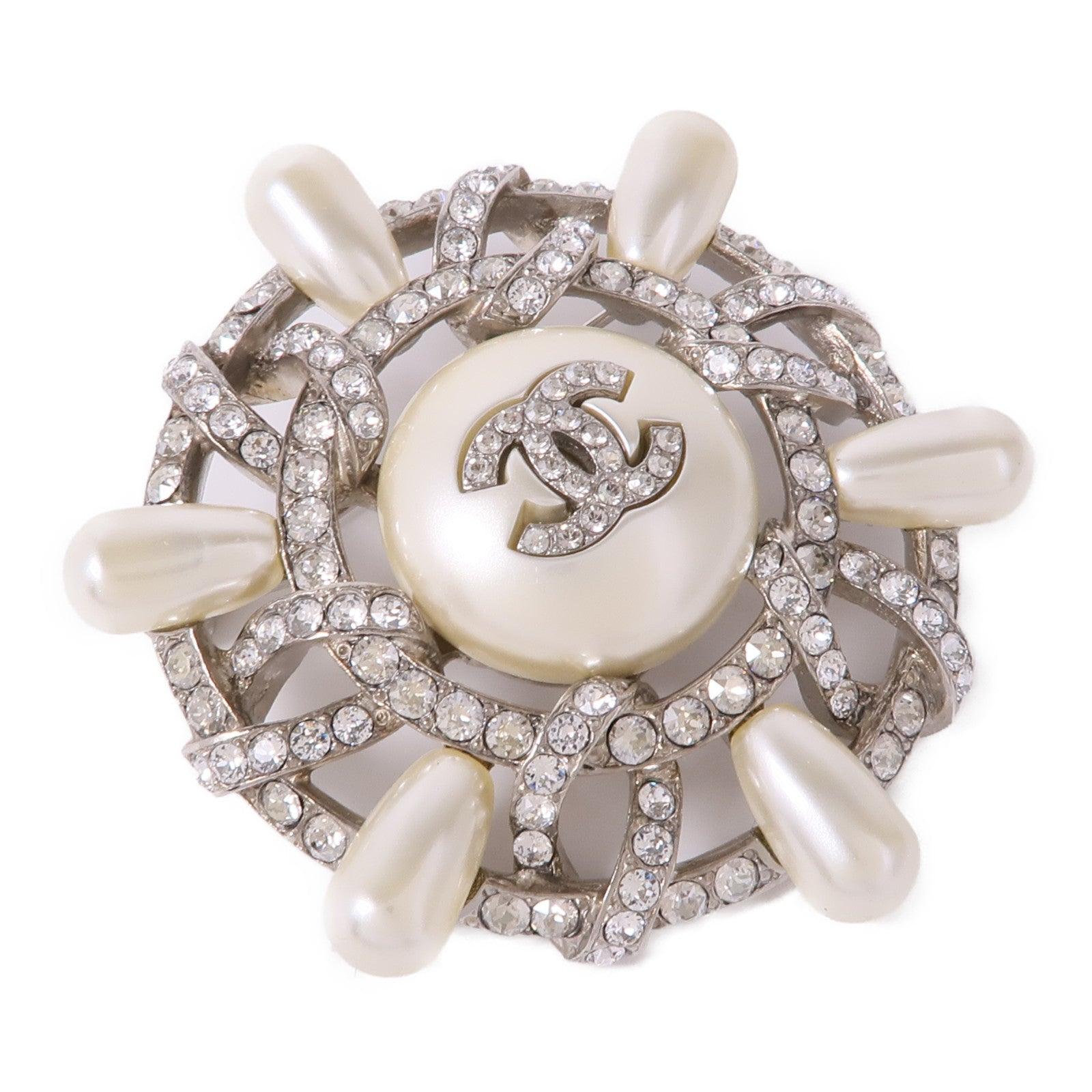 CHANEL CC Brooch Accessories Metal PVC Silver White