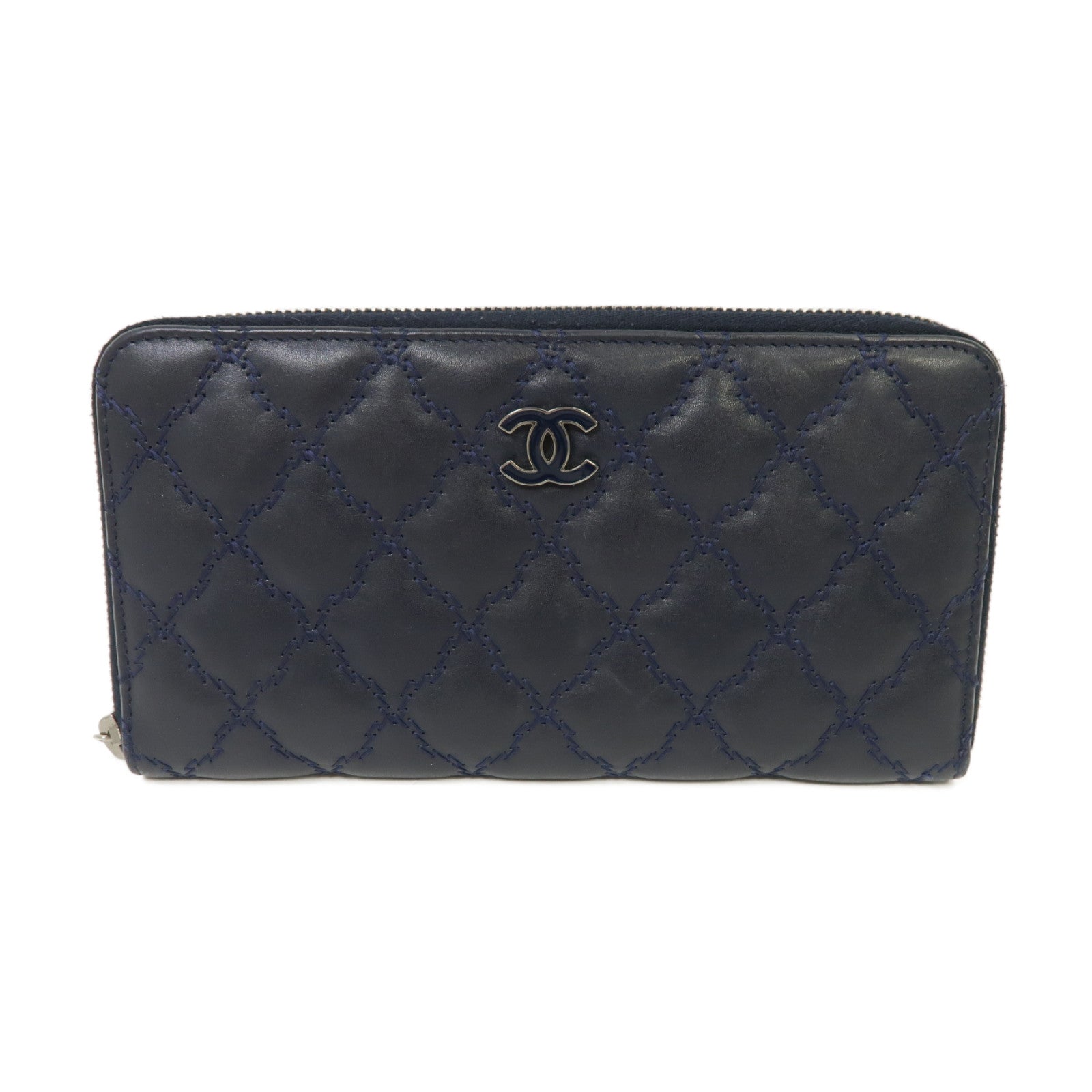 CHANEL 菱格牛皮皮革Long Wallet銀扣長錢包深藍色