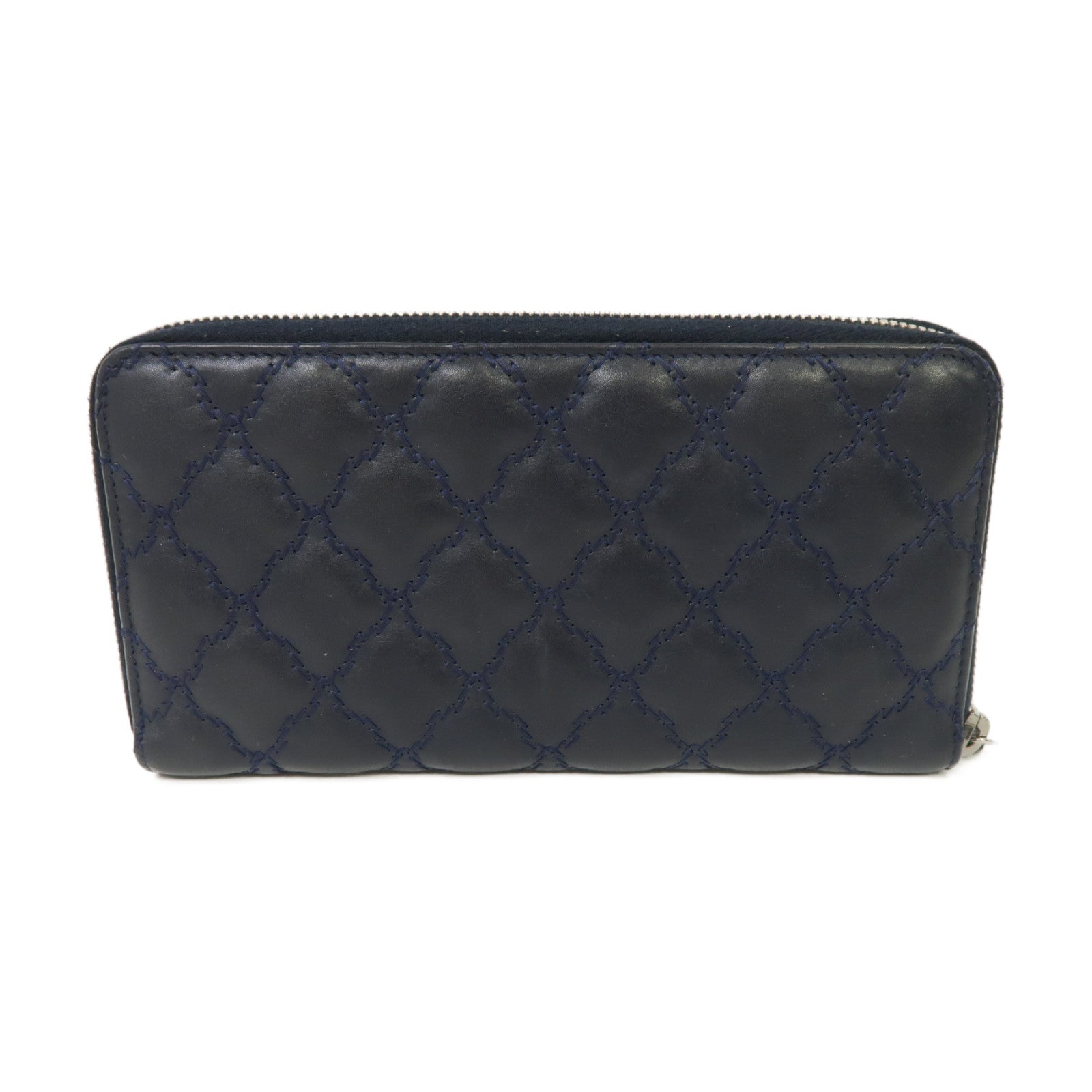 CHANEL 菱格牛皮皮革Long Wallet銀扣長錢包深藍色