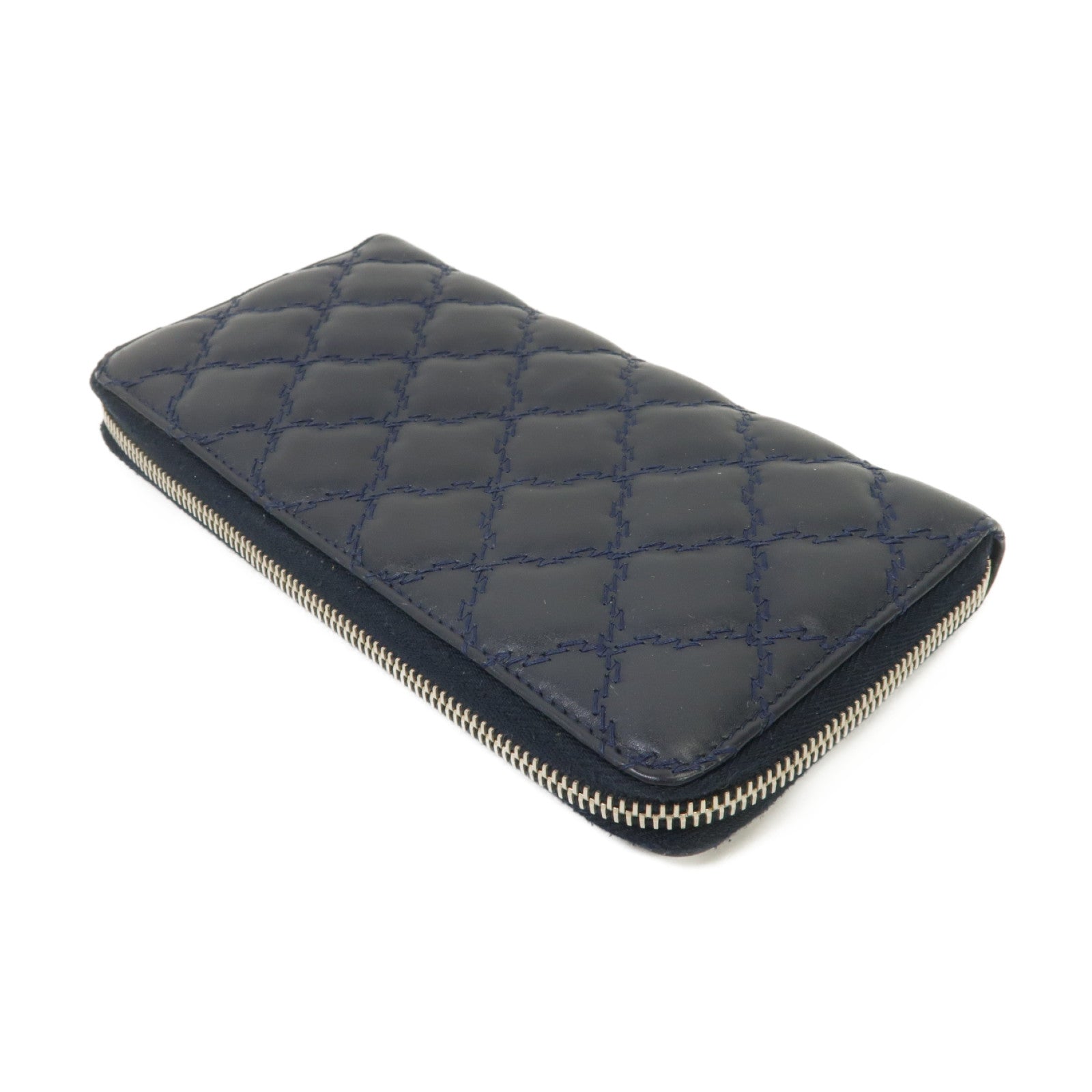 CHANEL 菱格牛皮皮革Long Wallet銀扣長錢包深藍色