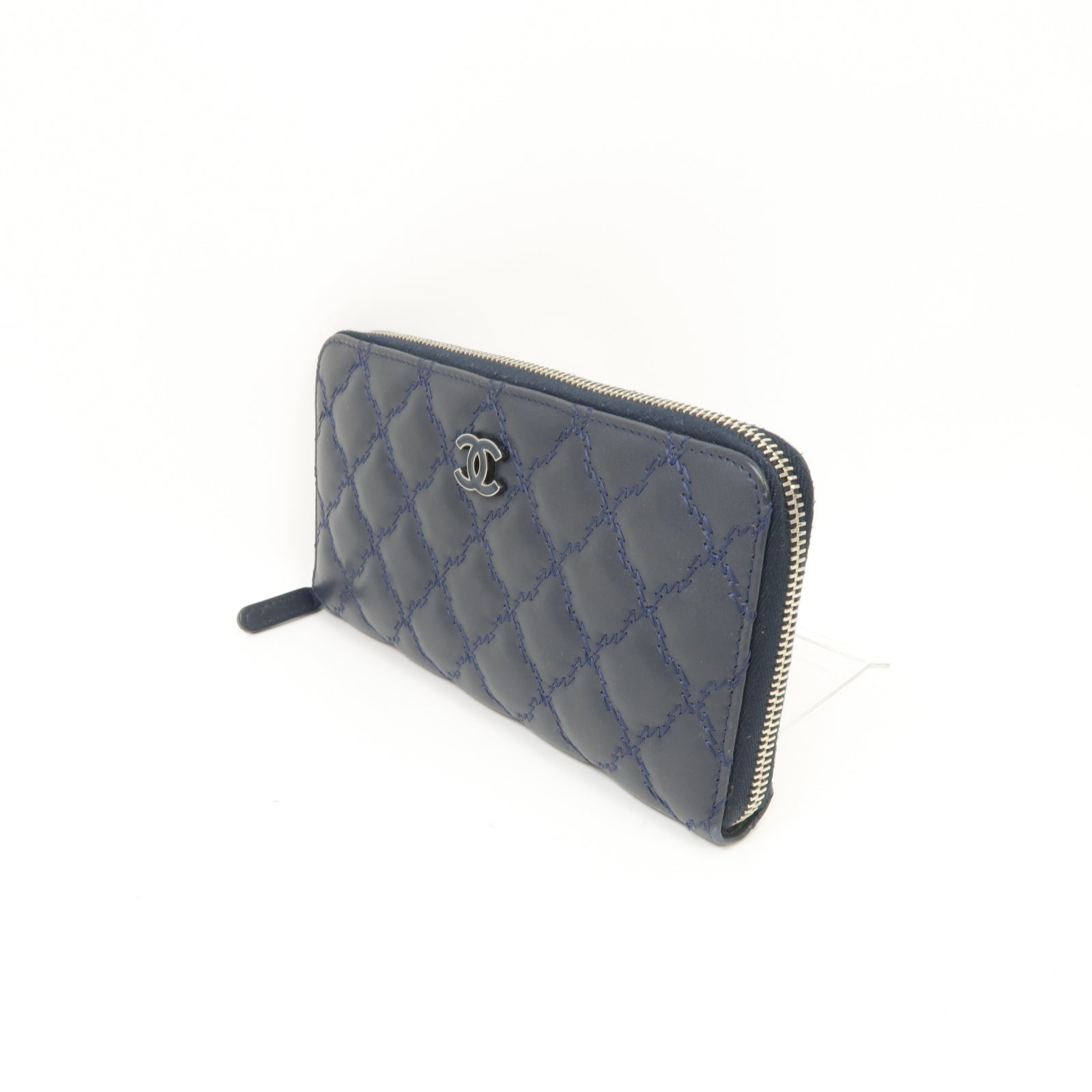 CHANEL 菱格牛皮皮革Long Wallet銀扣長錢包深藍色