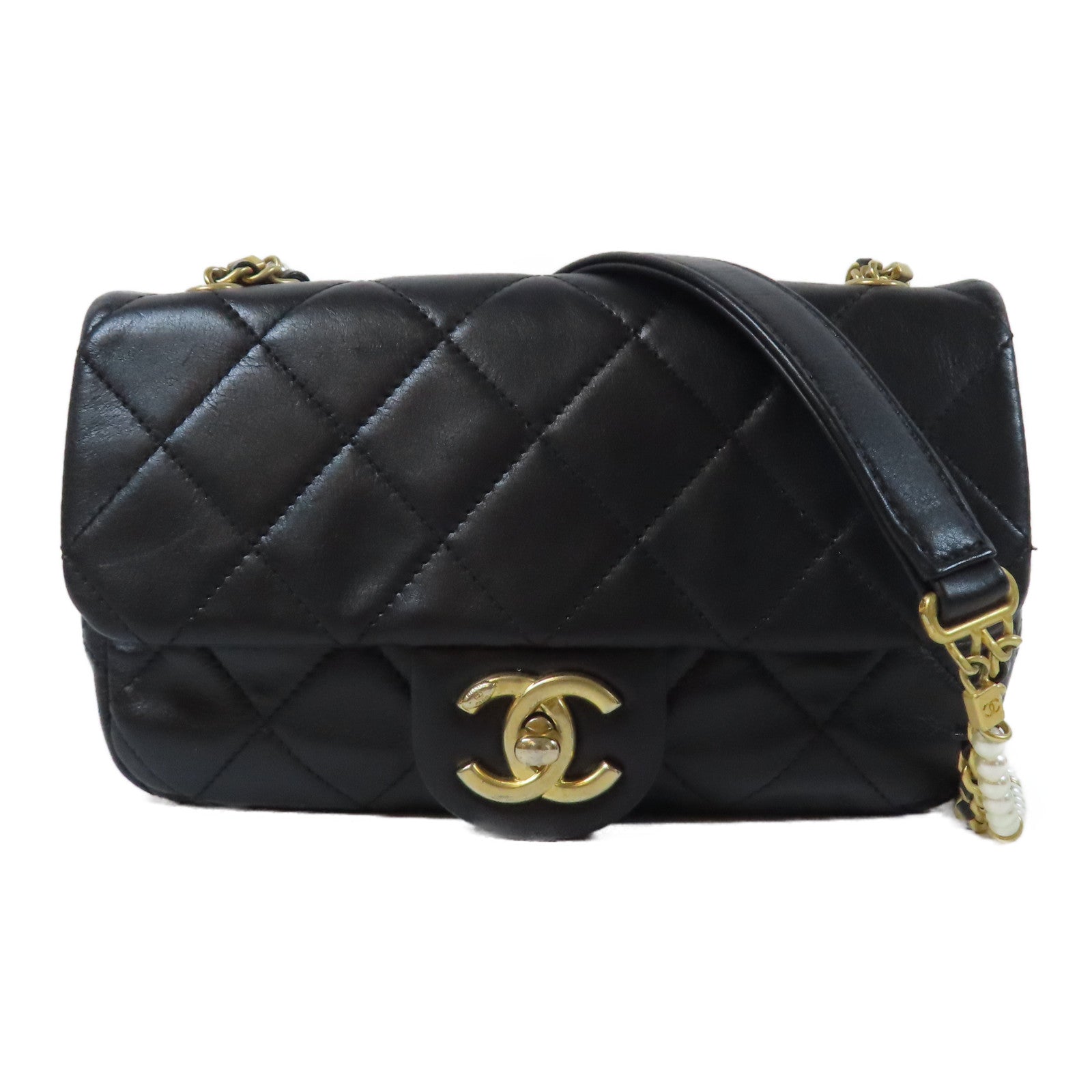 CHANEL 【激減優惠】菱格牛皮皮革Chain Shoulder金扣鏈帶肩背袋黑色