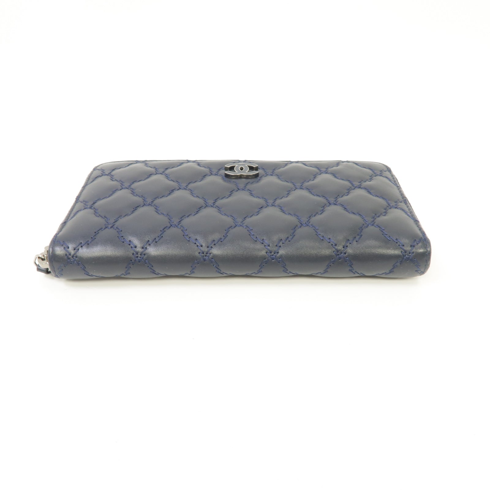 CHANEL 菱格牛皮皮革Long Wallet銀扣長錢包深藍色