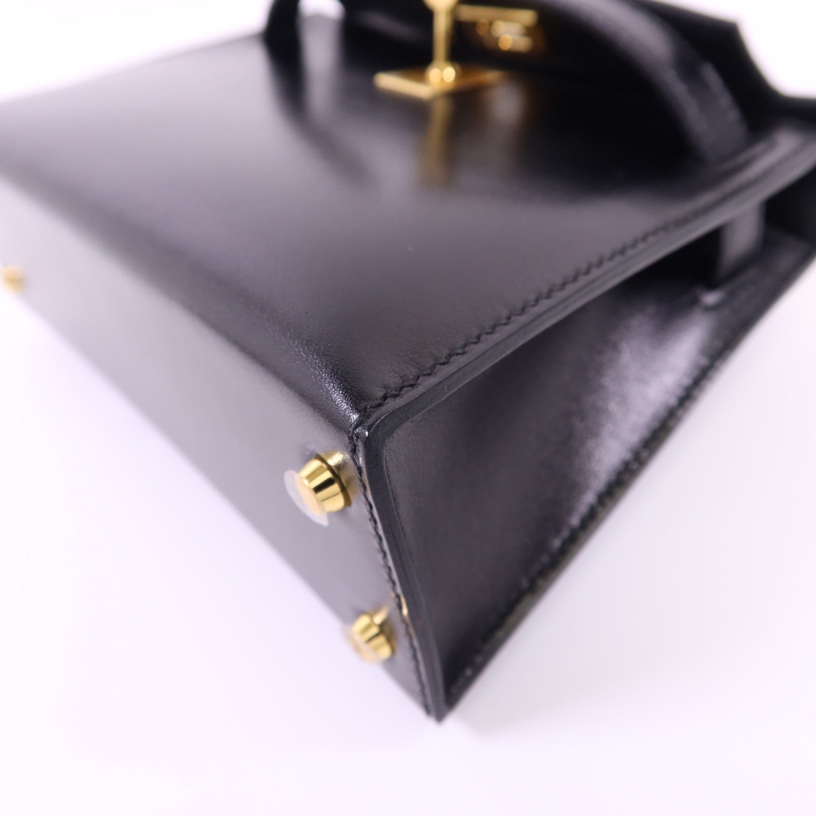 HERMES Box Calf皮革Mini Kelly金扣手挽肩背兩用袋Noir
