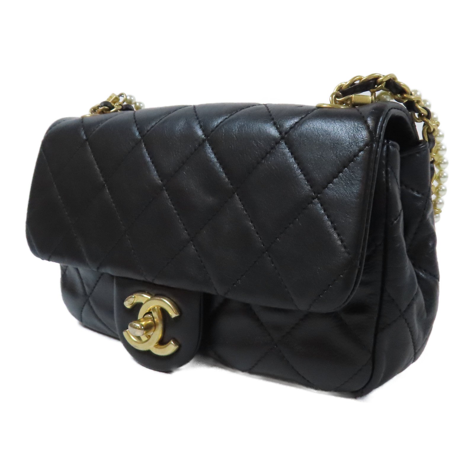 CHANEL 【激減優惠】菱格牛皮皮革Chain Shoulder金扣鏈帶肩背袋黑色