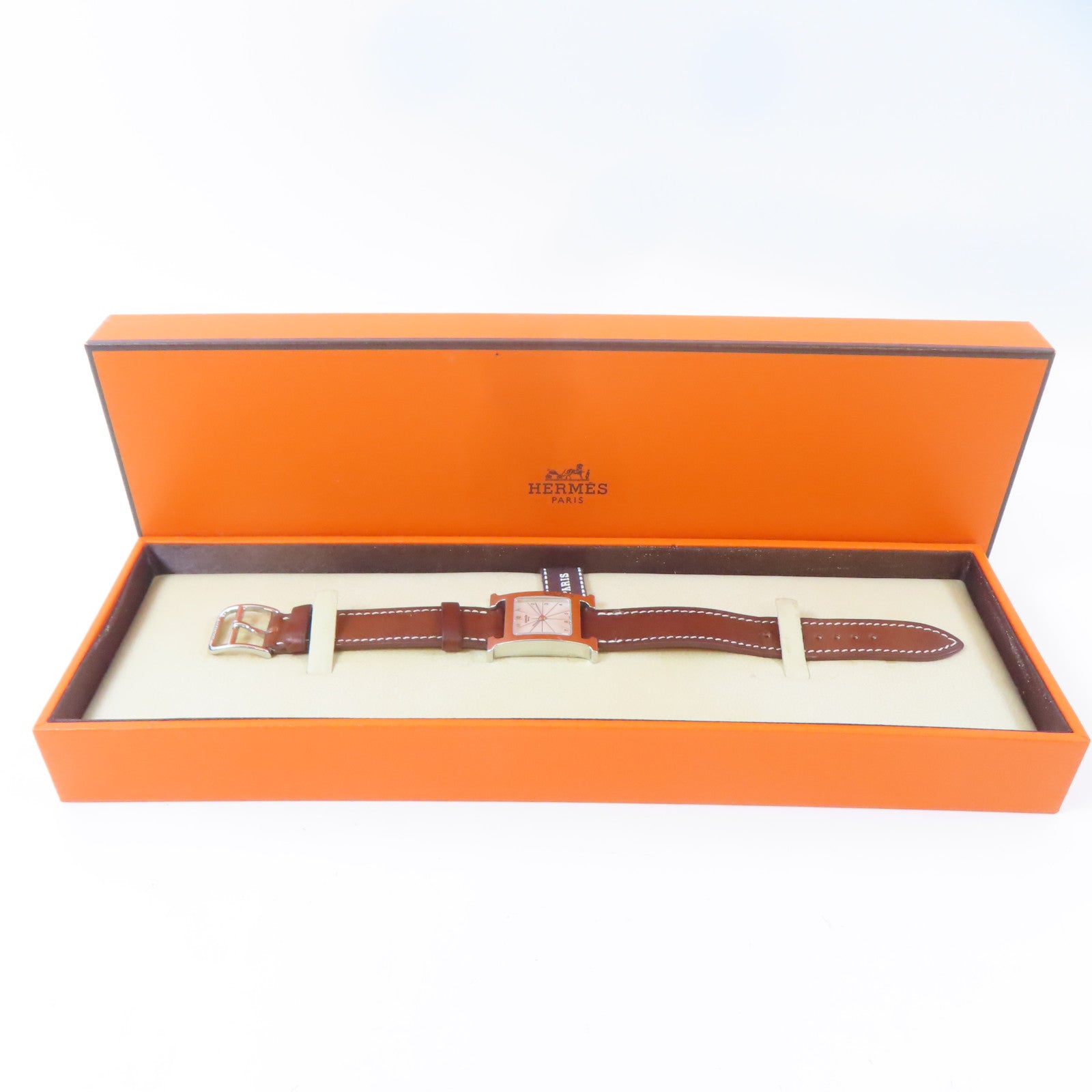 HERMES H watch皮革/不鏽鋼手錶石英機芯銀色#16cm