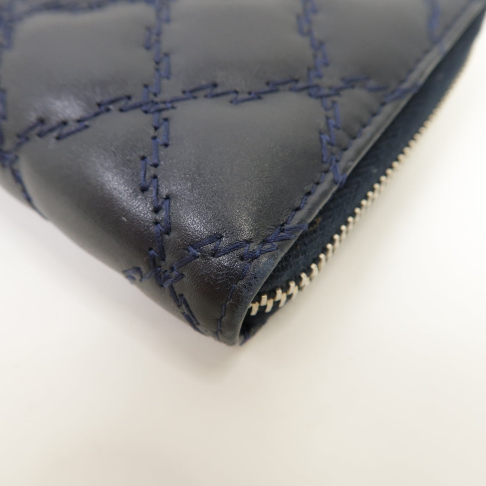 CHANEL 菱格牛皮皮革Long Wallet銀扣長錢包深藍色