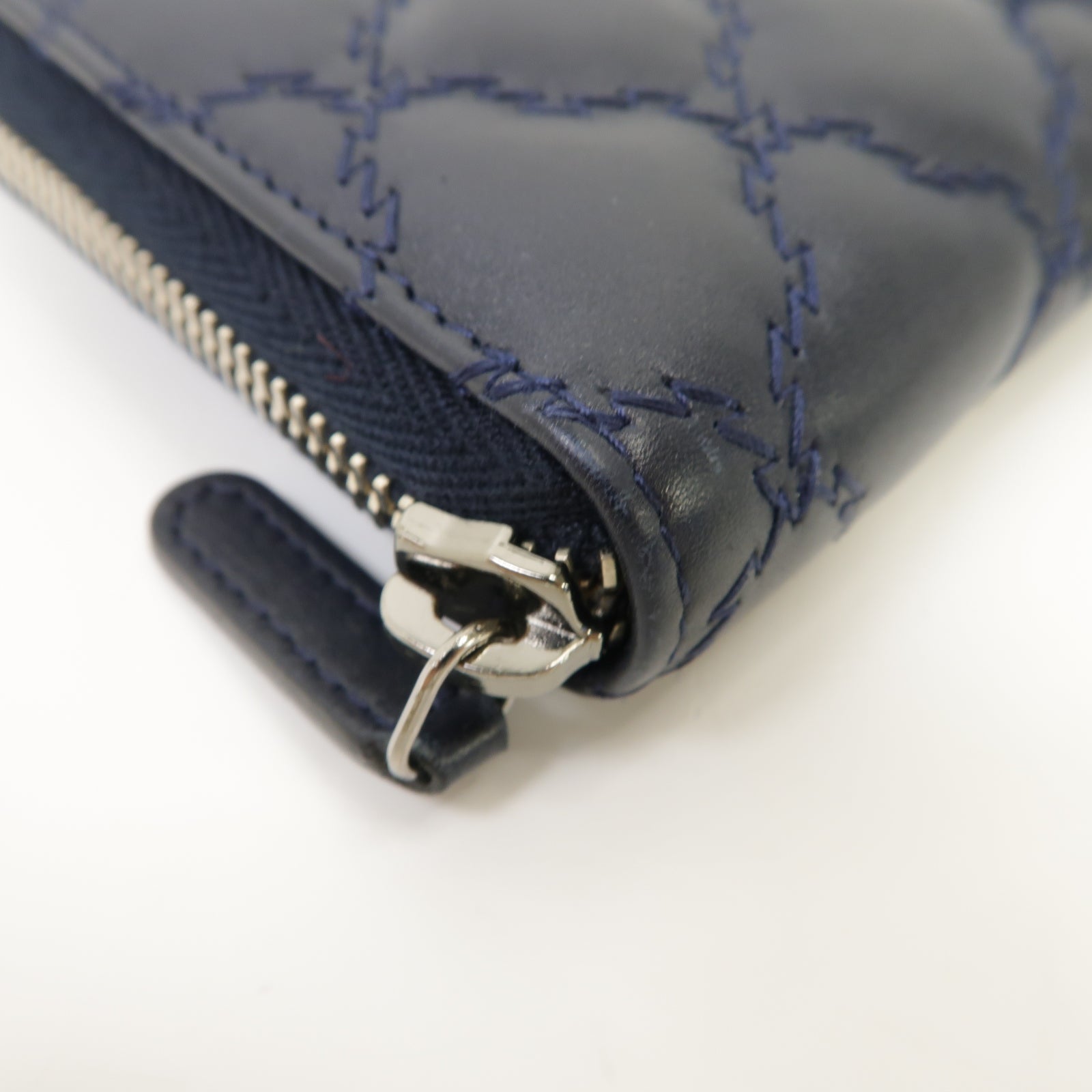 CHANEL 菱格牛皮皮革Long Wallet銀扣長錢包深藍色