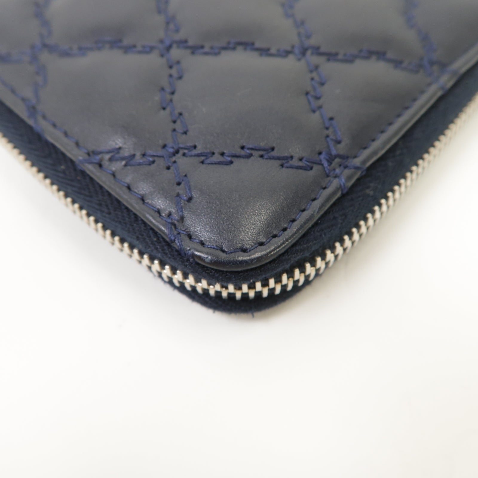 CHANEL 菱格牛皮皮革Long Wallet銀扣長錢包深藍色