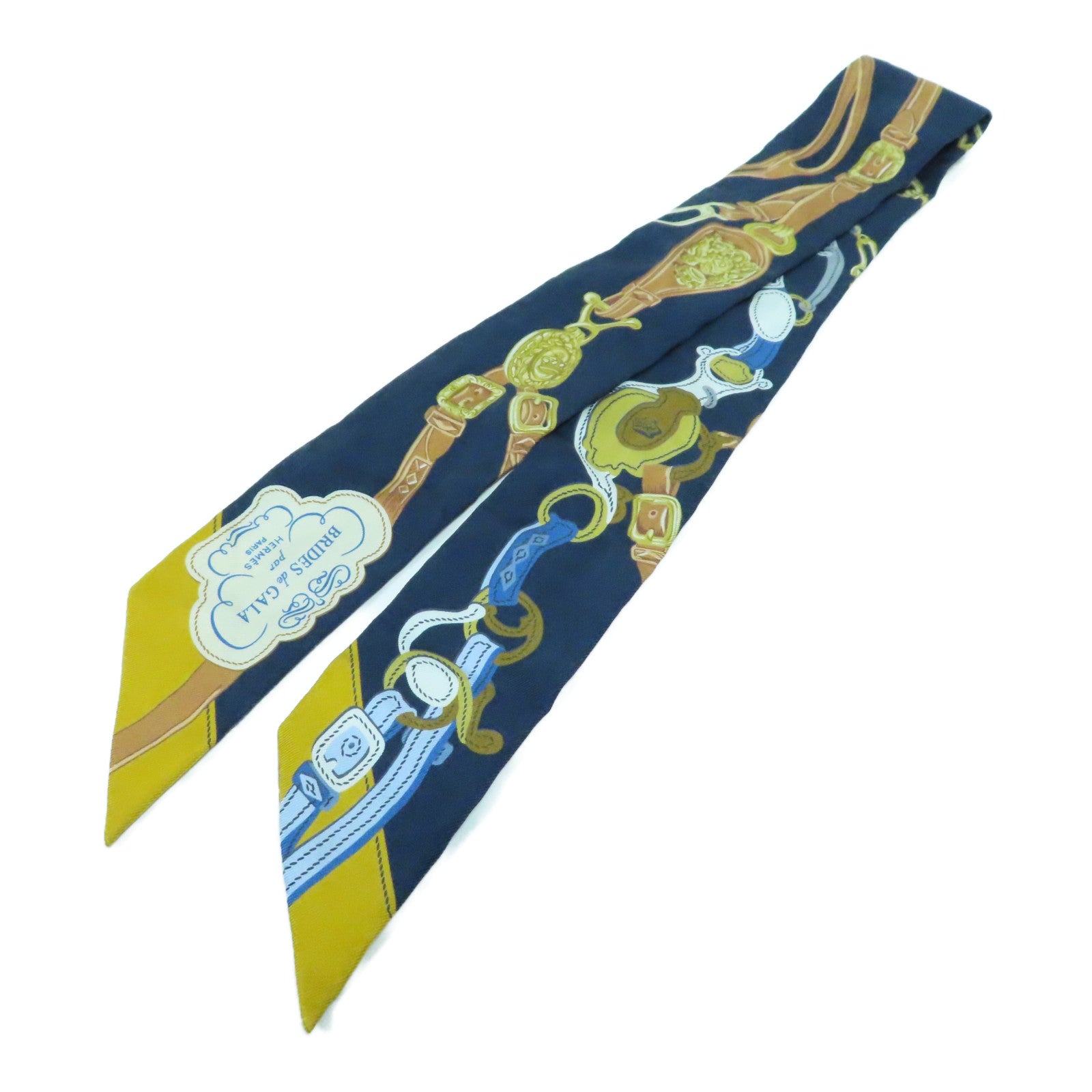 HERMES 【激減優惠】絲質Twilly Scarf絲巾深藍色/黃色