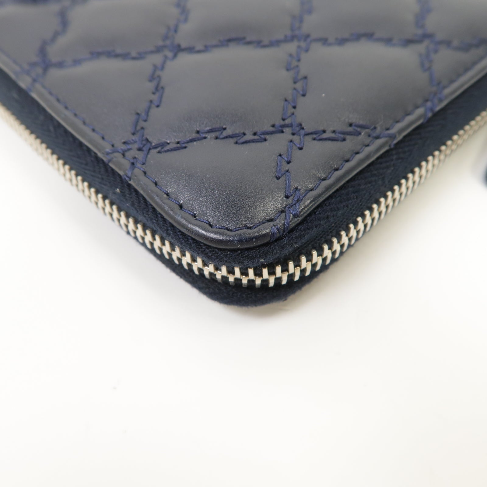 CHANEL 菱格牛皮皮革Long Wallet銀扣長錢包深藍色