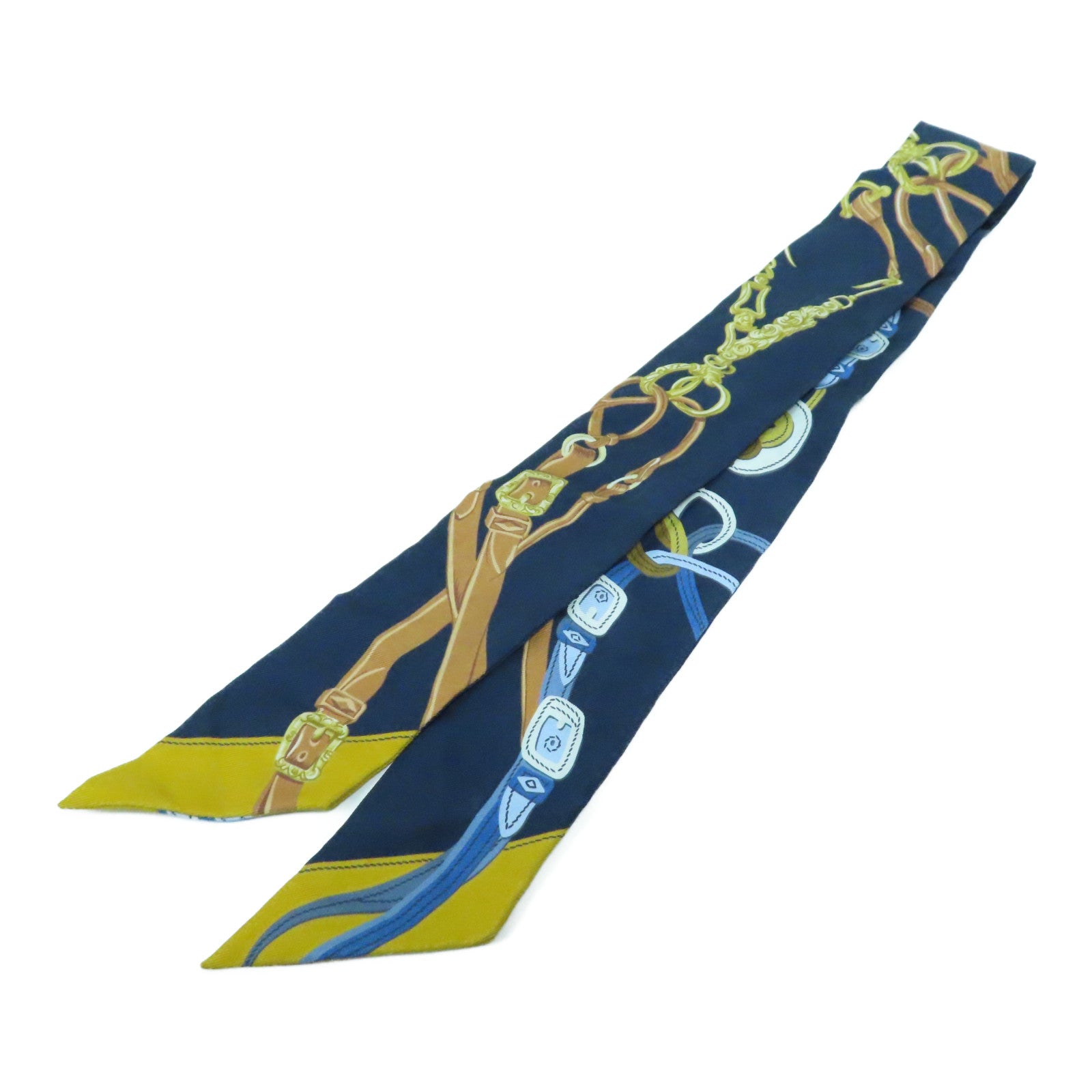HERMES 【激減優惠】絲質Twilly Scarf絲巾深藍色/黃色