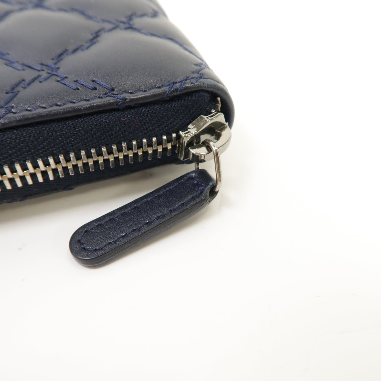 CHANEL 菱格牛皮皮革Long Wallet銀扣長錢包深藍色